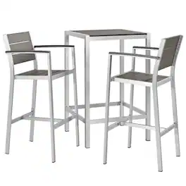 Modway - Shore 3-Piece Outdoor Patio Aluminum Pub Set - Bar Table and Two Cushioned Barstools, Anodized Frame, 43.5 in Bar Height - Gray