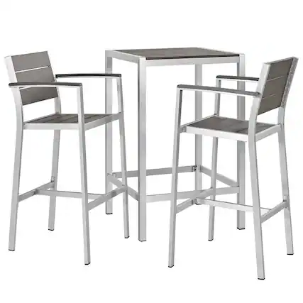 Front. Modway - Shore 3-Piece Outdoor Patio Aluminum Pub Set - Bar Table and Two Cushioned Barstools, Anodized Frame, 43.5 in Bar Height - Silver Gray.