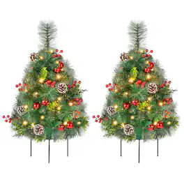 Costway - Set of 2 25 Inch Pre-Lit Pathway Christmas Tree Battery Operated - Green