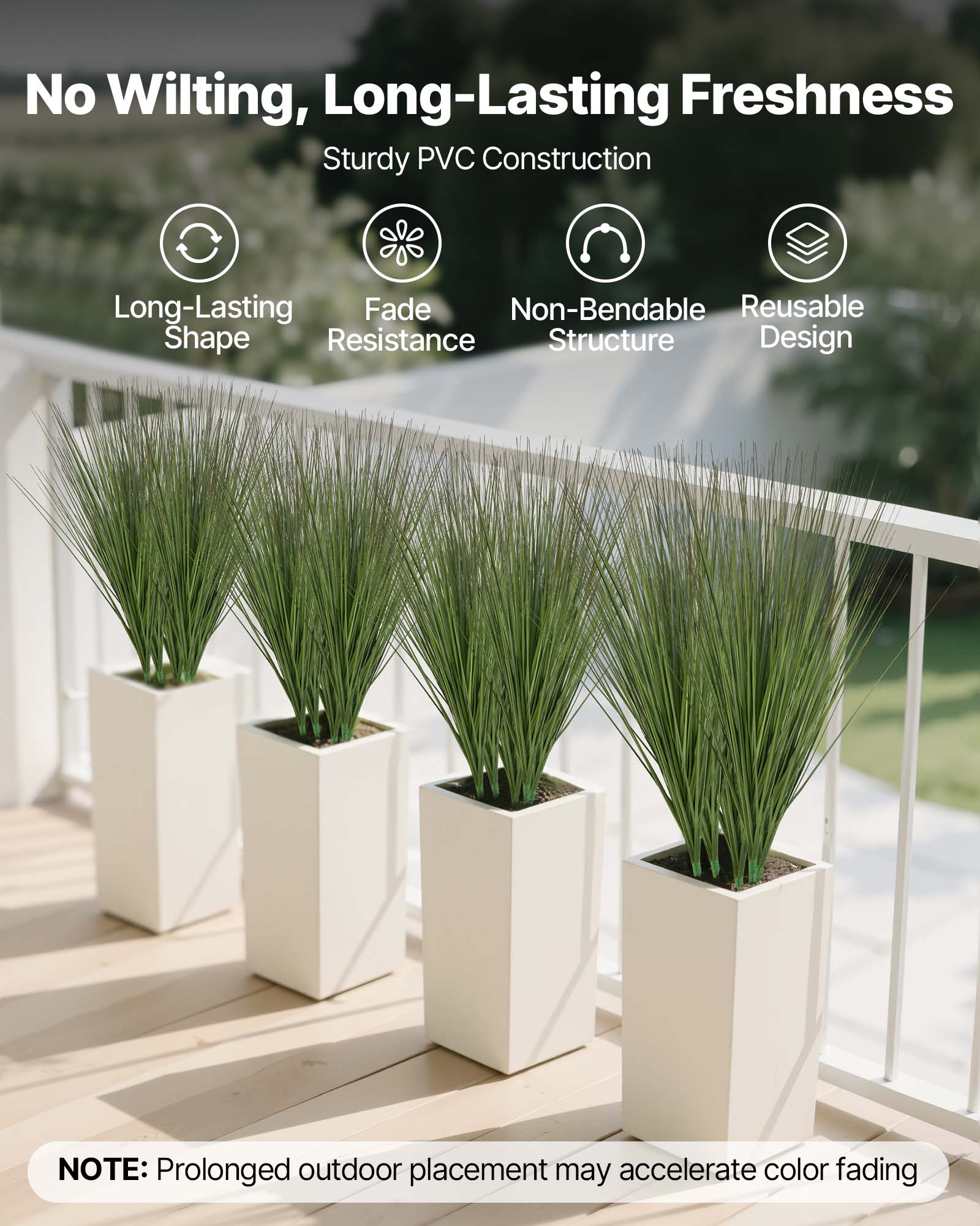 No Wilting, Long-Lasting Freshness  
Sturdy PVC Construction  
Long-Lasting Shape  
Fade Resistance  
Non-Bendable Structure  
Reusable Design  

NOTE: Prolonged outdoor placement may accelerate color fading