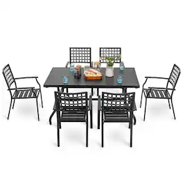 Nuu Garden - Outdoor 7-Piece Powder-coated Iron Dining Set, 6 Chairs and Rectangle Dining Table with 1.57'' Umbrella Hole - Black