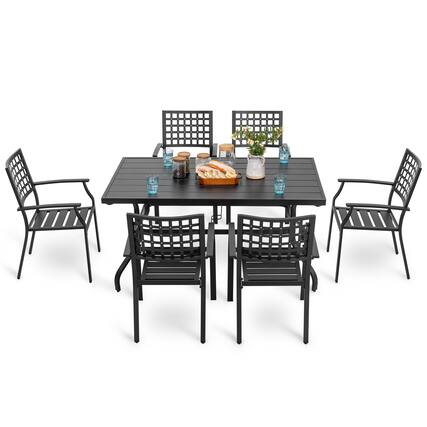 Front. Nuu Garden - Outdoor 7-Piece Powder-coated Iron Dining Set, 6 Chairs and Rectangle Dining Table with 1.57'' Umbrella Hole - Black.