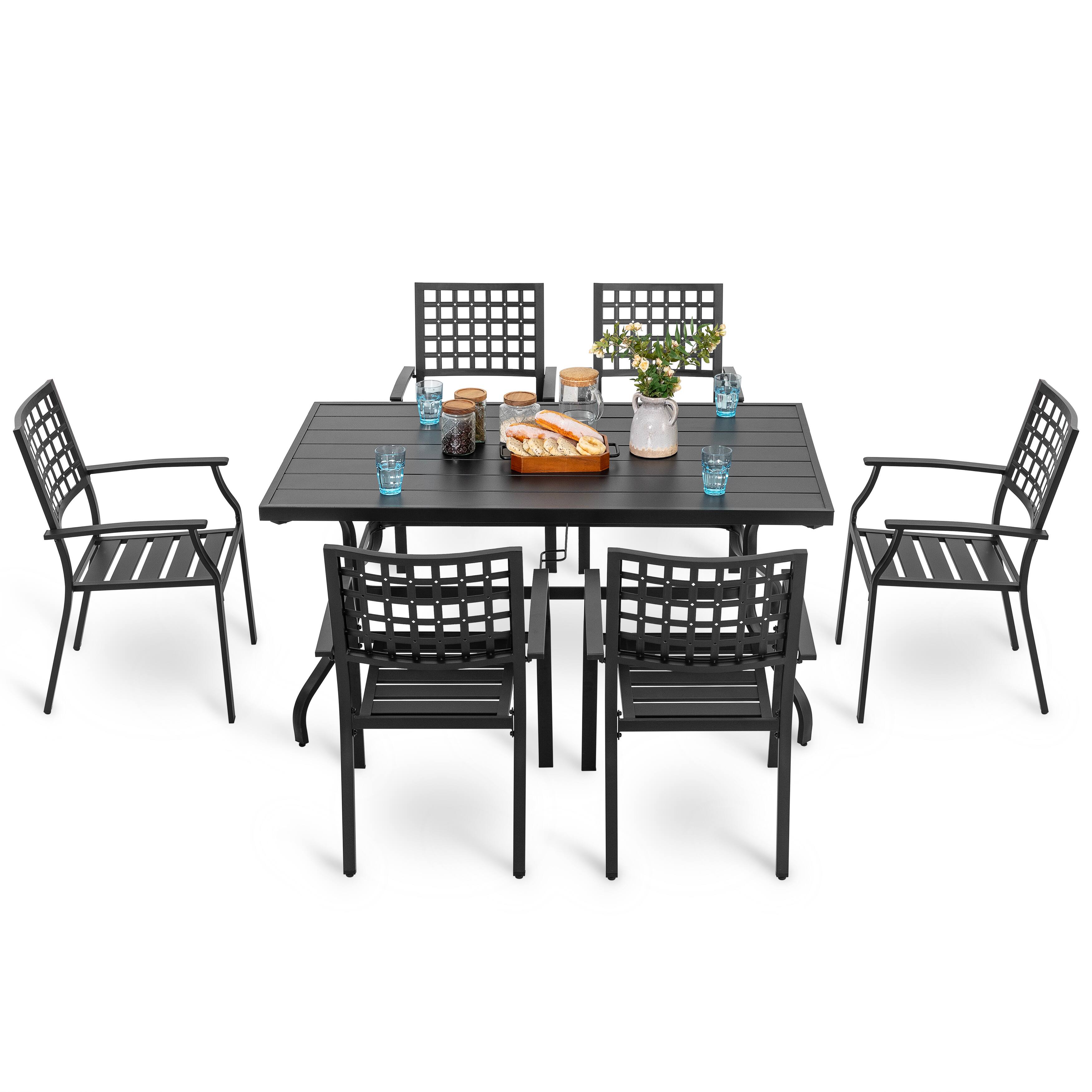 Front. Nuu Garden - Outdoor 7-Piece Powder-coated Iron Dining Set, 6 Chairs and Rectangle Dining Table with 1.57'' Umbrella Hole - Black.