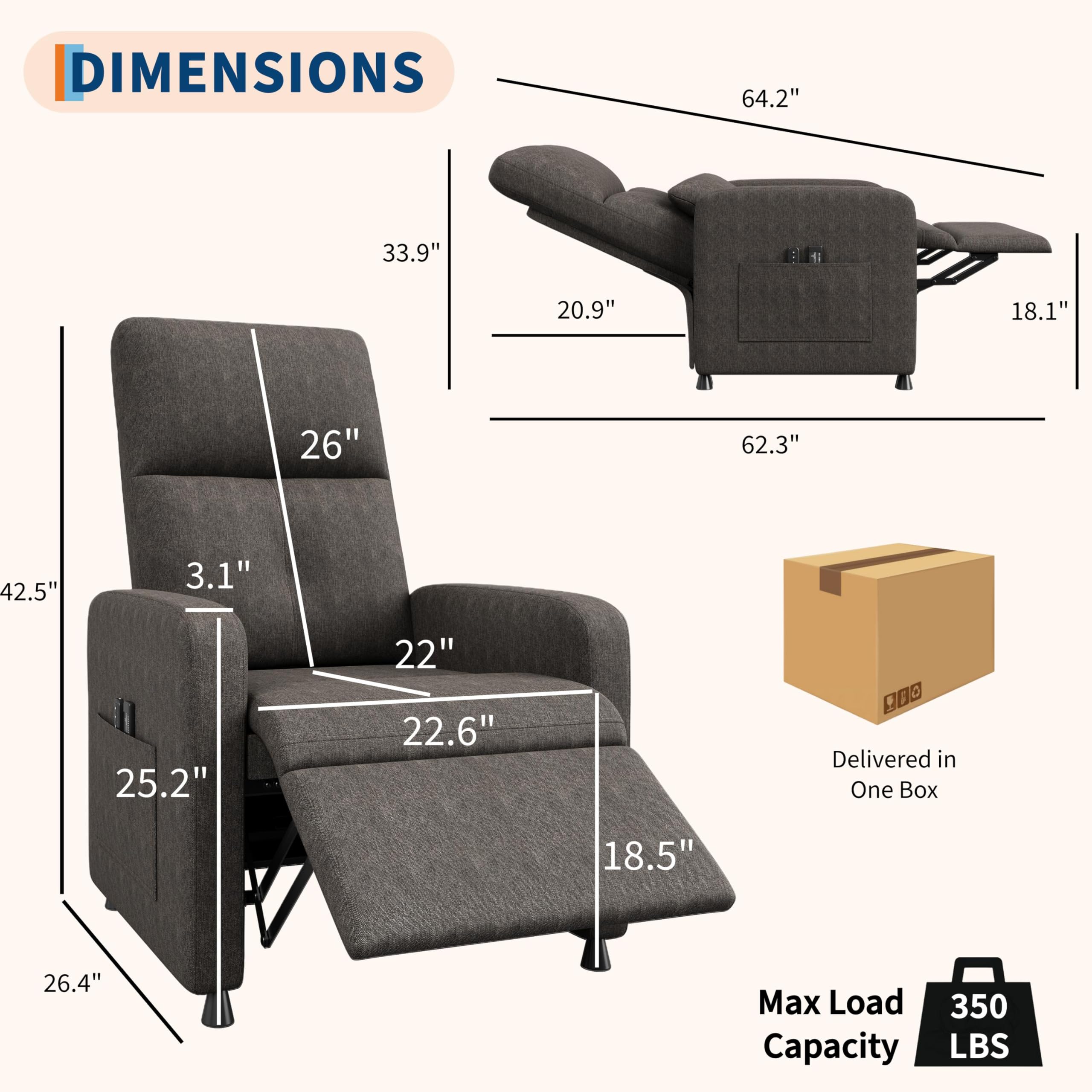 DIMENSIONS  
64.2" x 33.9" x 20.9" x 18.1" x 26" x 62.3" x 42.5" x 3.1" x 22" x 25.2" x 22.6" x 18.5" x 26.4"  
Delivered in One Box  
Max Load Capacity 350 LBS
