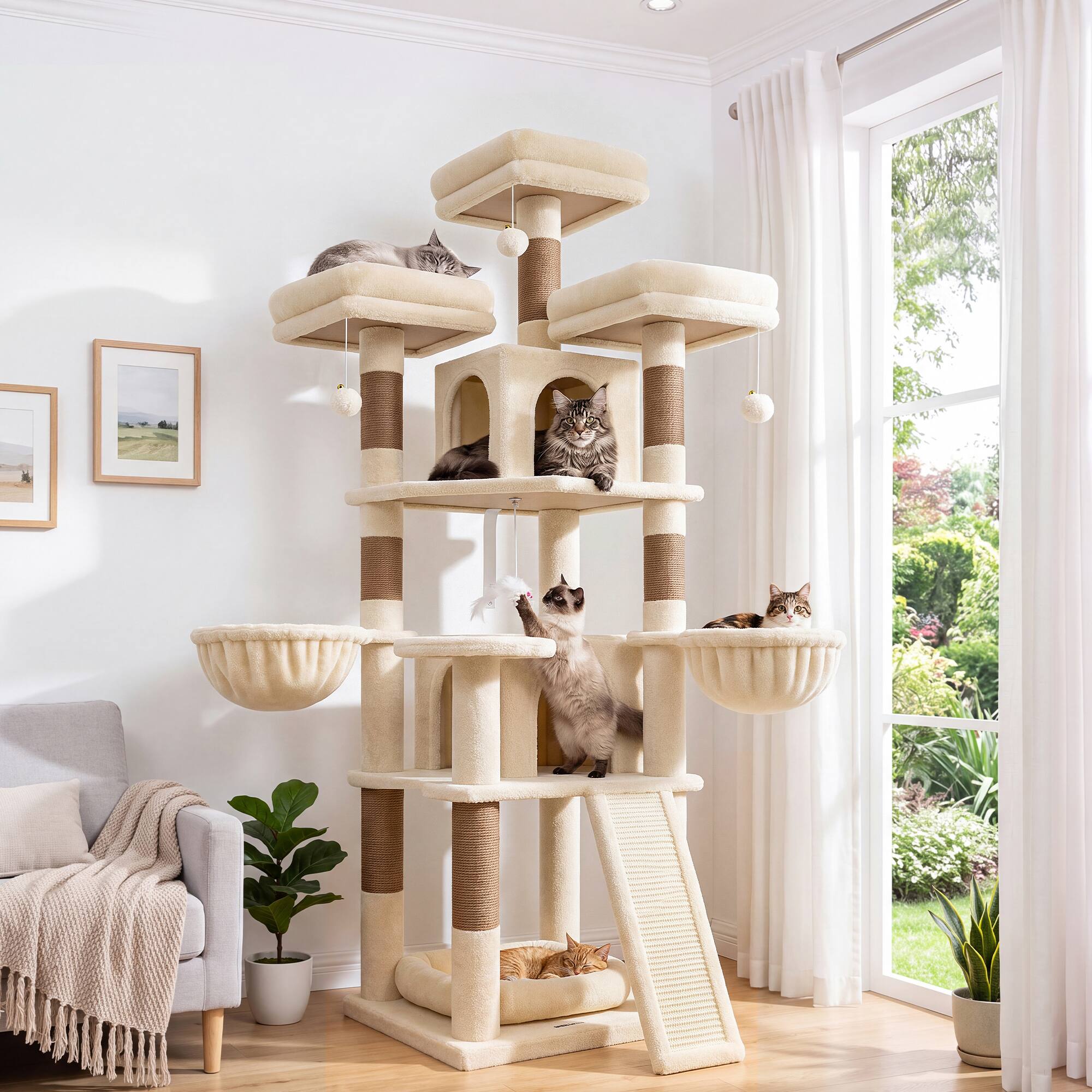 Front. Globlazer - Globlazer - 70-Inch Multi-Level Cat Tree for Large Indoor Cats with Sisal Scratching Posts, Condos and Hammocks - Beige - Beige.