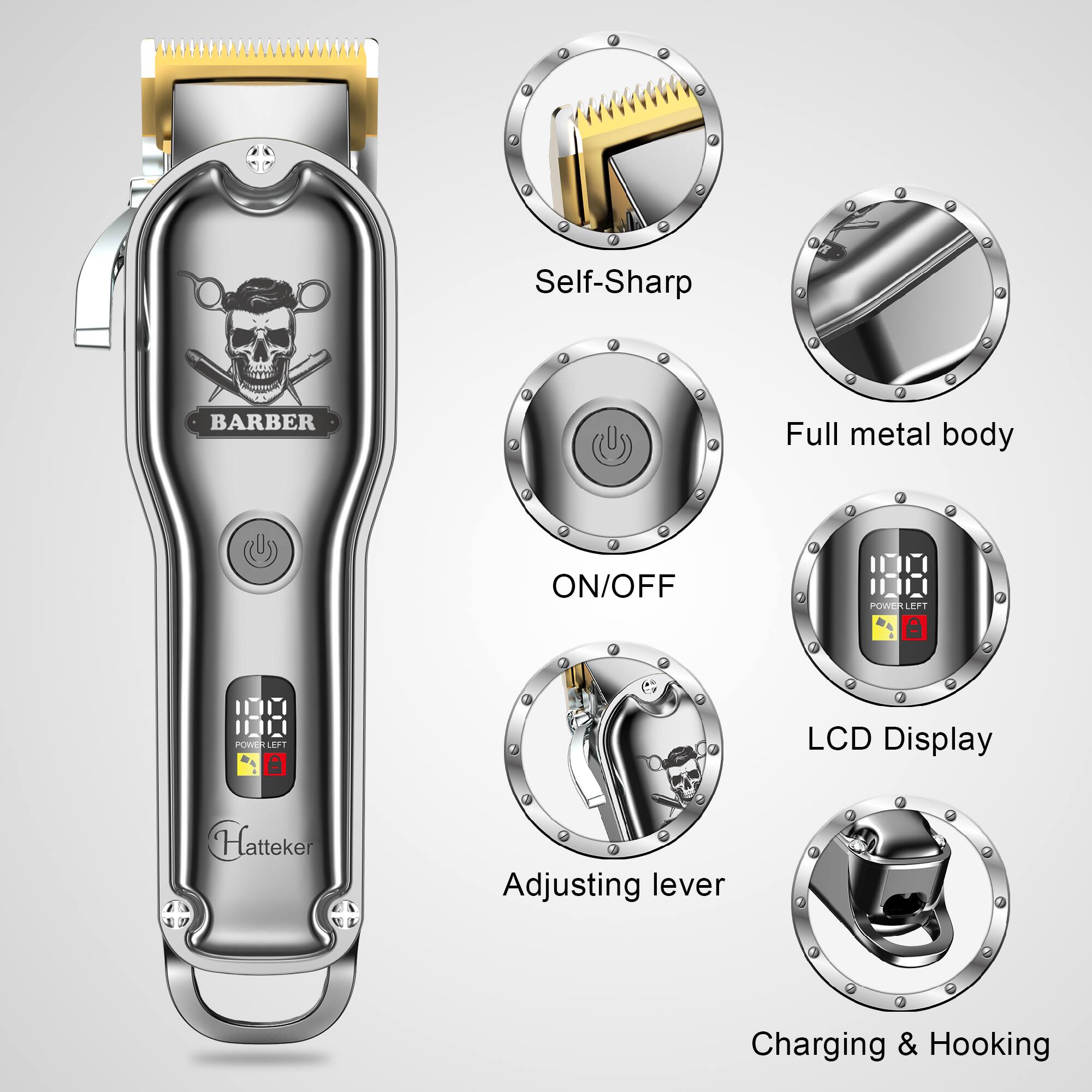 Self-Sharp  
BARBER  
Full metal body  
ON/OFF  
POWER LEFT  
LCD Display  
Adjusting lever  
Charging & Hooking
