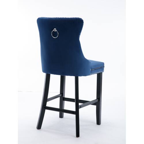 Alt View 1. LUCKY ONE - Assembled Velvet Bar Stool Set of 2 with Button Tufted Wood Legs Chrome Nailhead Trim - Blue.