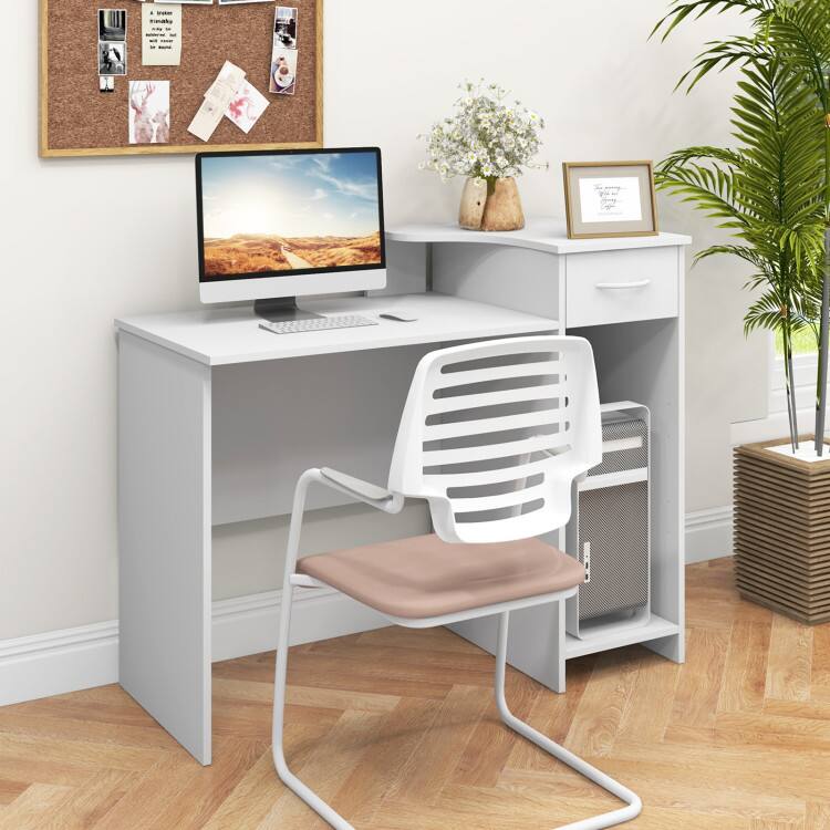 Left. SlickBlue - Modern Writing Computer Desk with Adjustable Shelf & Cable Hole for Study or Office - White.