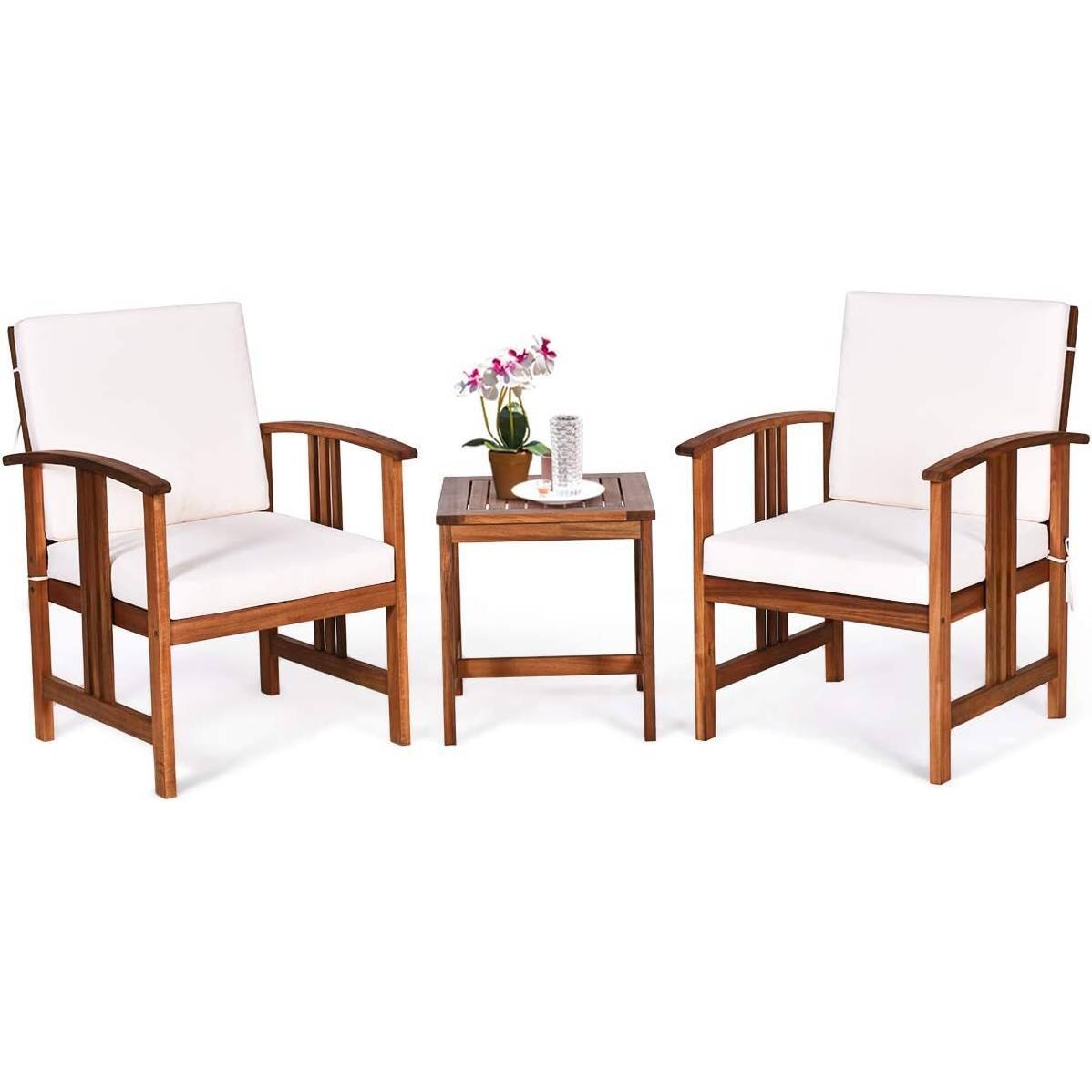 Front. Hivvago - 3-Piece Solid Wood Outdoor Patio Furniture Table Chairs Set with White Cushions - White.