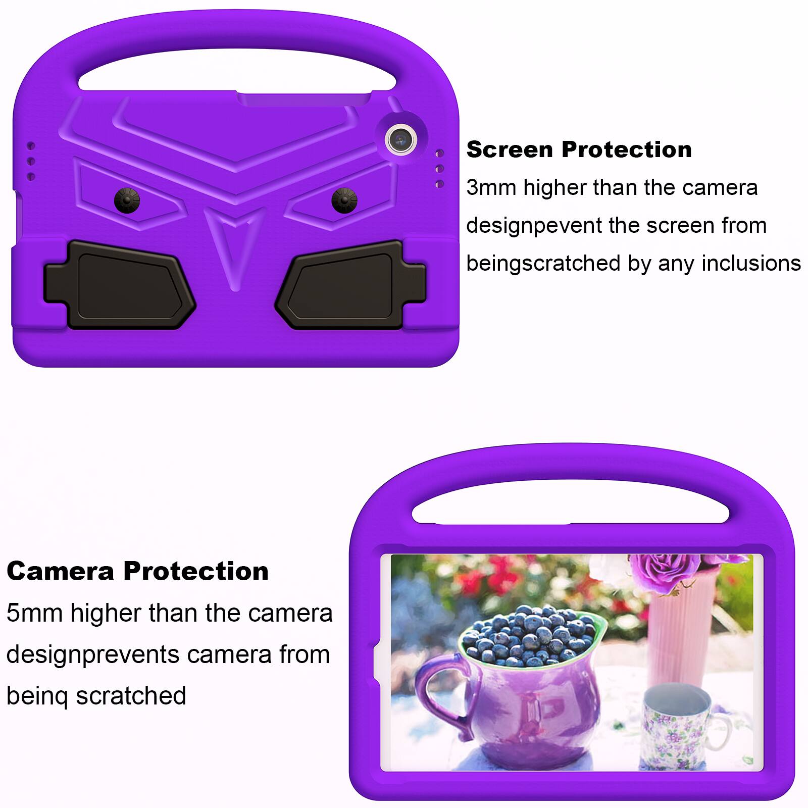 Screen Protection  
3mm higher than the camera design prevents the screen from being scratched by any inclusions  

Camera Protection  
5mm higher than the camera design prevents the camera from being scratched