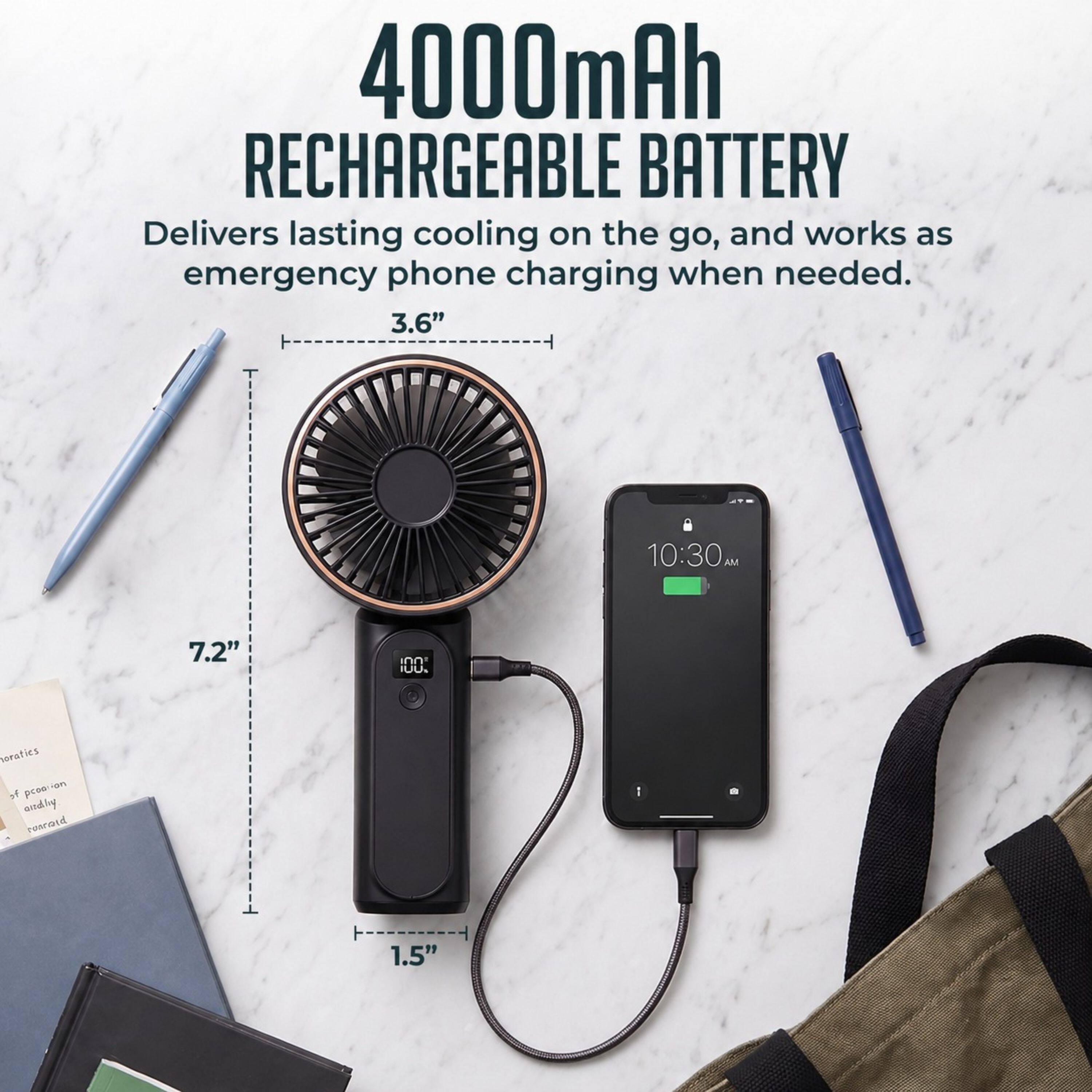 4000mAh RECHARGEABLE BATTERY  
Delivers lasting cooling on the go, and works as emergency phone charging when needed.  

3.6"  
7.2"  
1.5"