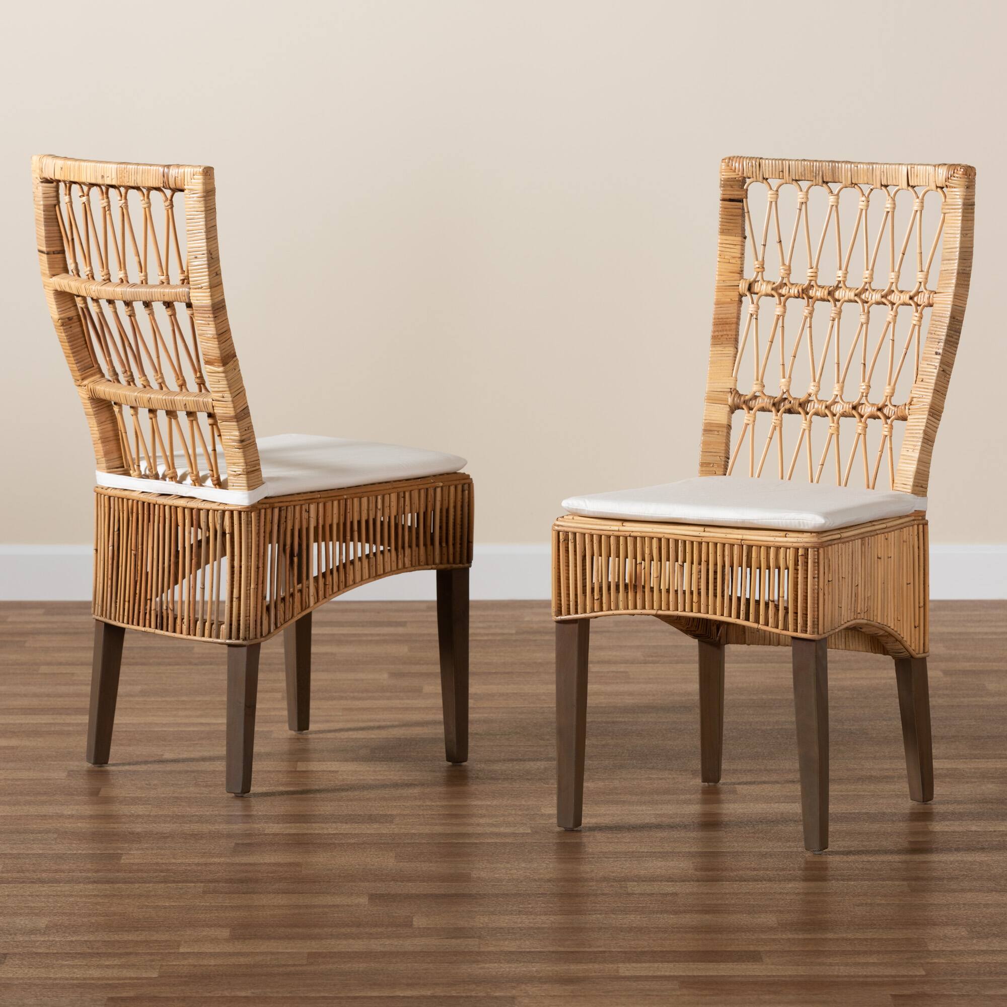 Alt View 4. bali & pari - Sullivan Modern Bohemian Rattan 2-Piece Dining Chair Set - White/Natural Brown.