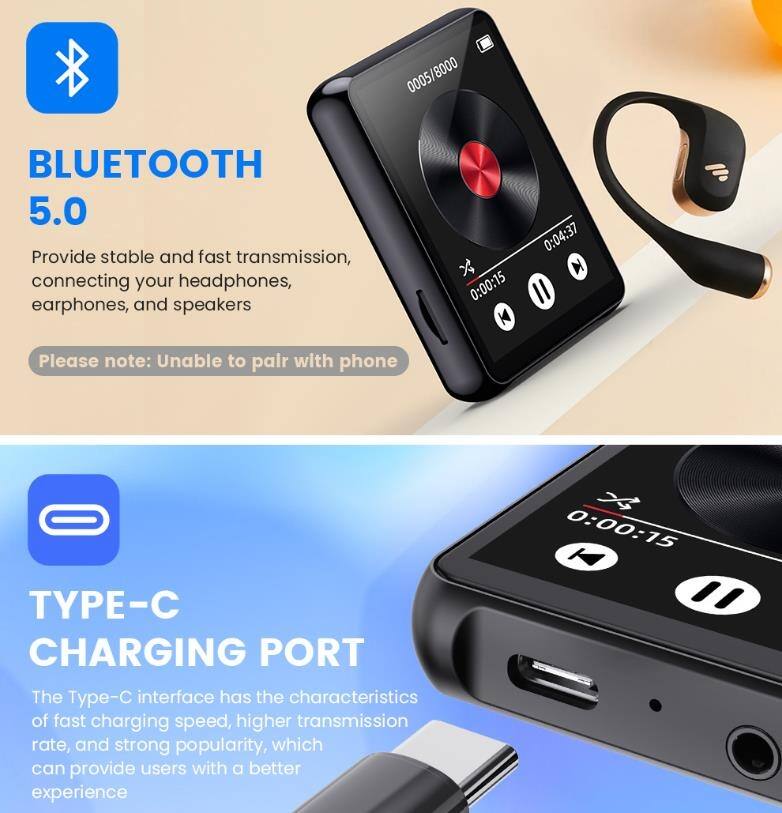 **BLUETOOTH 5.0**  
Provide stable and fast transmission, connecting your headphones, earphones, and speakers.  
Please note: Unable to pair with phone.

**TYPE-C CHARGING PORT**  
The Type-C interface has the characteristics of fast charging speed, higher transmission rate, and strong popularity, which can provide users with a better experience.