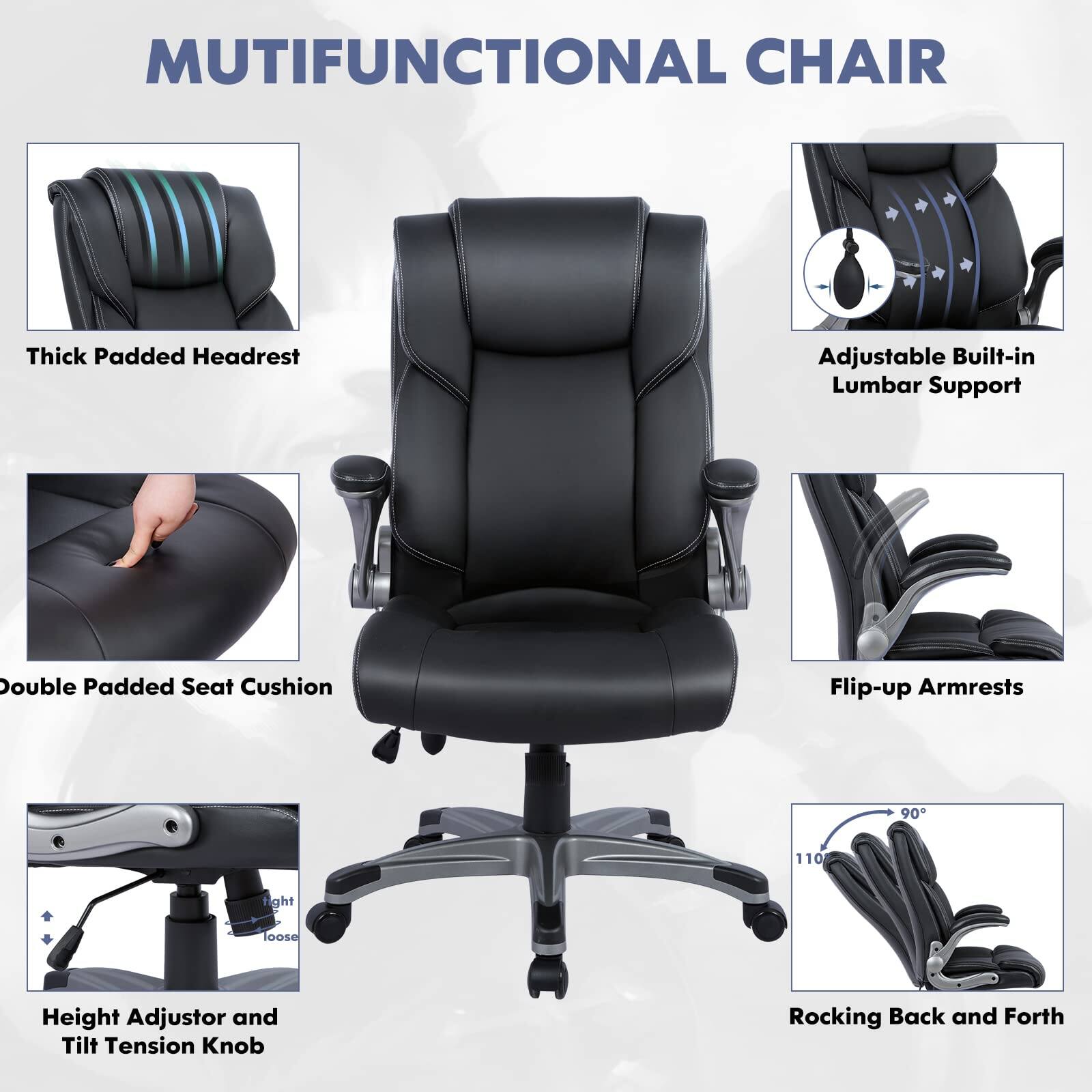 MUTIFUNCTIONAL CHAIR

- Thick Padded Headrest
- Adjustable Built-in Lumbar Support
- Double Padded Seat Cushion
- Flip-up Armrests
- Height Adjustor and Tilt Tension Knob
- Rocking Back and Forth