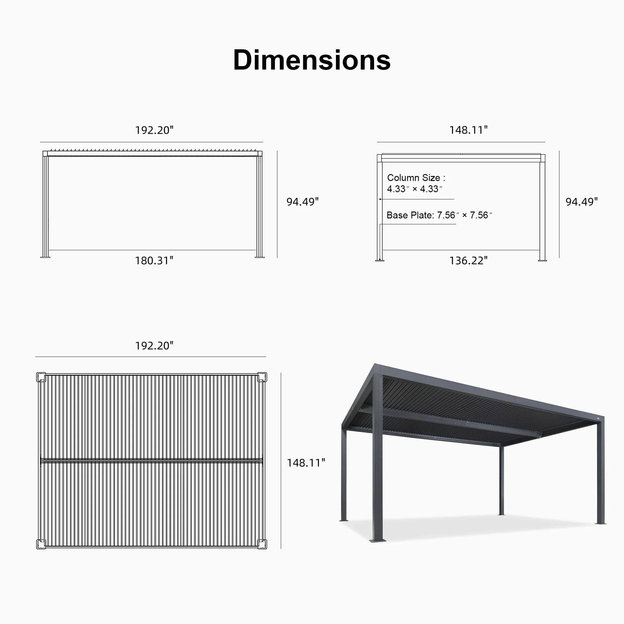 Dimensions  
- 192.20"  
- 148.11"  
- 94.49"  
- 180.31"  
- 136.22"  

Column Size: 4.33" x 4.33"  
Base Plate: 7.56" x 7.56"