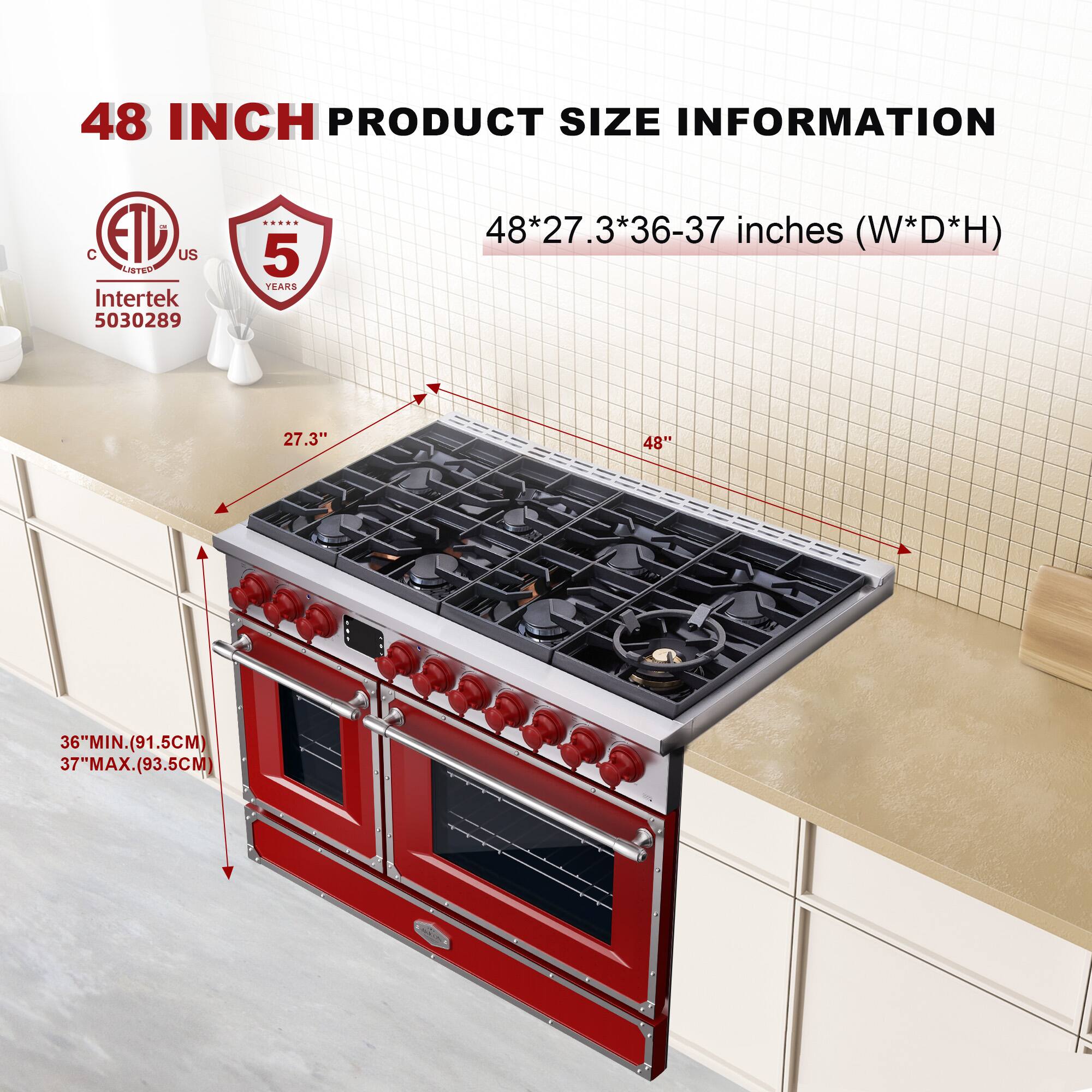 48 INCH PRODUCT SIZE INFORMATION

48*27.3*36-37 inches (W*D*H)

- 27.3" (W)
- 48" (D)
- 36" MIN. (91.5CM)
- 37" MAX. (93.5CM)

ETL US
Intertek 5030289

5 YEARS