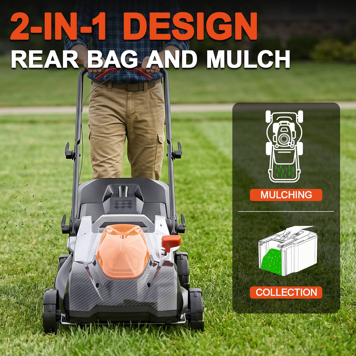 2-IN-1 DESIGN REAR BAG AND MULCH

MULCHING

COLLECTION