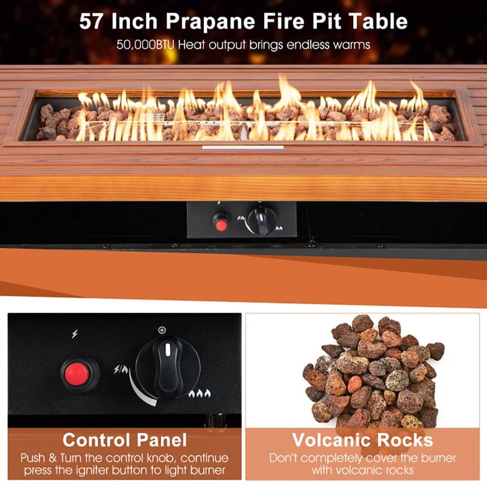 57 Inch Prapane Fire Pit Table  
50,000BTU Heat output brings endless warmth  

Control Panel  
Push & Turn the control knob, continue press the igniter button to light burner  

Volcanic Rocks  
Don't completely cover the burner with volcanic rocks