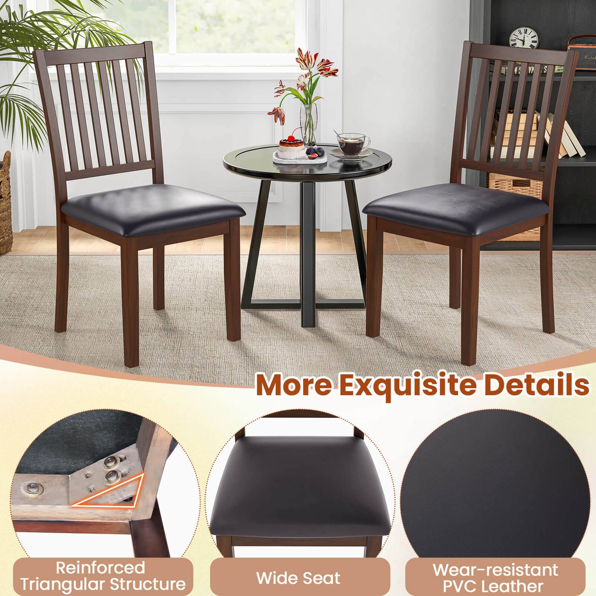 The image features a dining table with two chairs, one on the left and one on the right. The table is set with a vase of flowers and a cup, creating a pleasant and inviting atmosphere. The chairs have a reinforced triangular structure, providing a strong and stable foundation. The wide seat offers comfort and support, while the wear-resistant PVC leather ensures durability and longevity. The image showcases the attention to detail and quality that goes into creating these chairs.