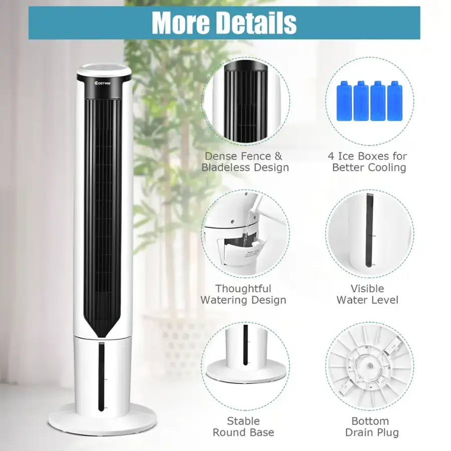 More Details COSTWAY mAN Dense Fence & Bladeless Design 4 Ice Boxes for Better Cooling Thoughtful Watering Design Visible Water Level Stable Round Base Bottom Drain Plug