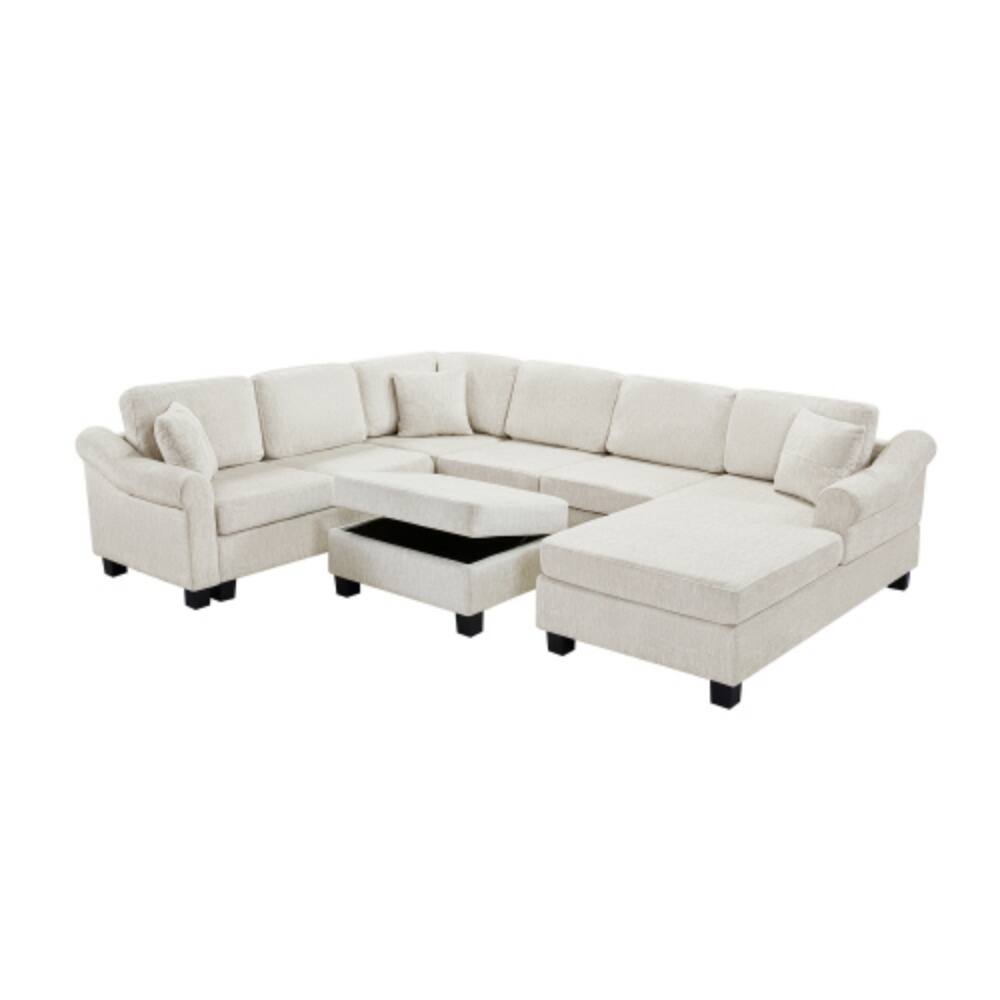 Alt View 6. LUCKY ONE - 111.8" U-Shaped Chenille Sectional Sofa w/ Movable Storage Ottoman 4-Piece - White.
