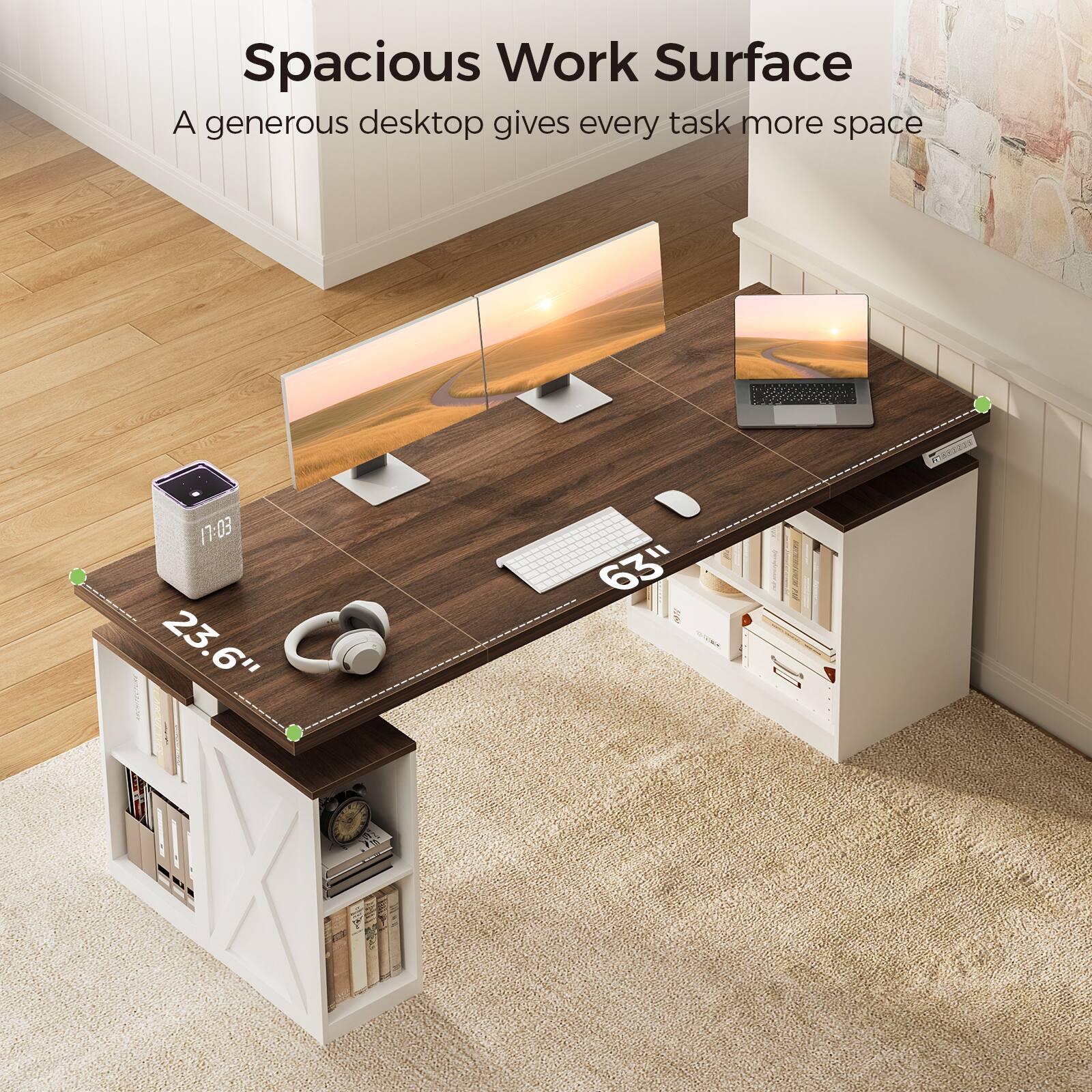 Spacious Work Surface  
A generous desktop gives every task more space  

17:03  
23.6"  
63"