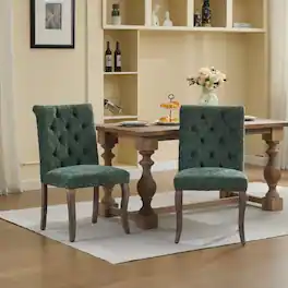 LUCKY ONE - Assembled Tufted Chenille Dining Chair Set of 2 with Curved Solid Wood Legs Club Style - Olive Green