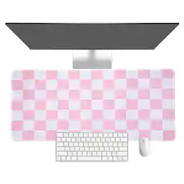 Unique Bargains - Checkered Desk Mat, 31.5x15.7 Inch Mouse Pad, Non-Slip Rubber, Stitched Edges, Soft, for Computer/Laptop - Pink/White