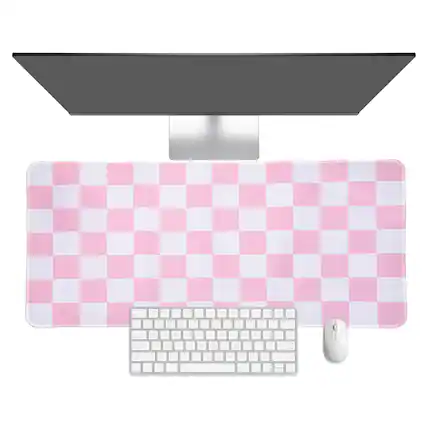 Front. Unique Bargains - Checkered Desk Mat, 31.5x15.7 Inch Mouse Pad, Non-Slip Rubber, Stitched Edges, Soft, for Computer/Laptop - Pink/White.