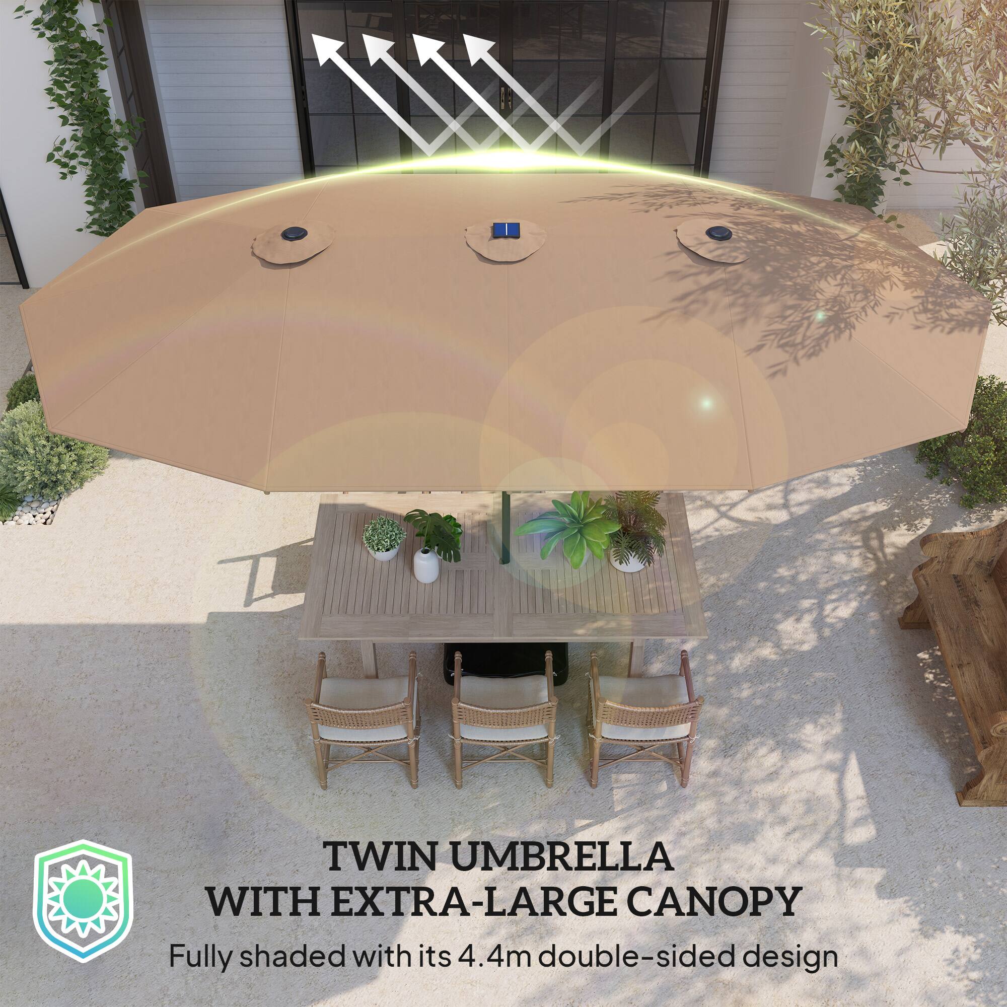 TWIN UMBRELLA WITH EXTRA-LARGE CANOPY
Fully shaded with its 4.4m double-sided design