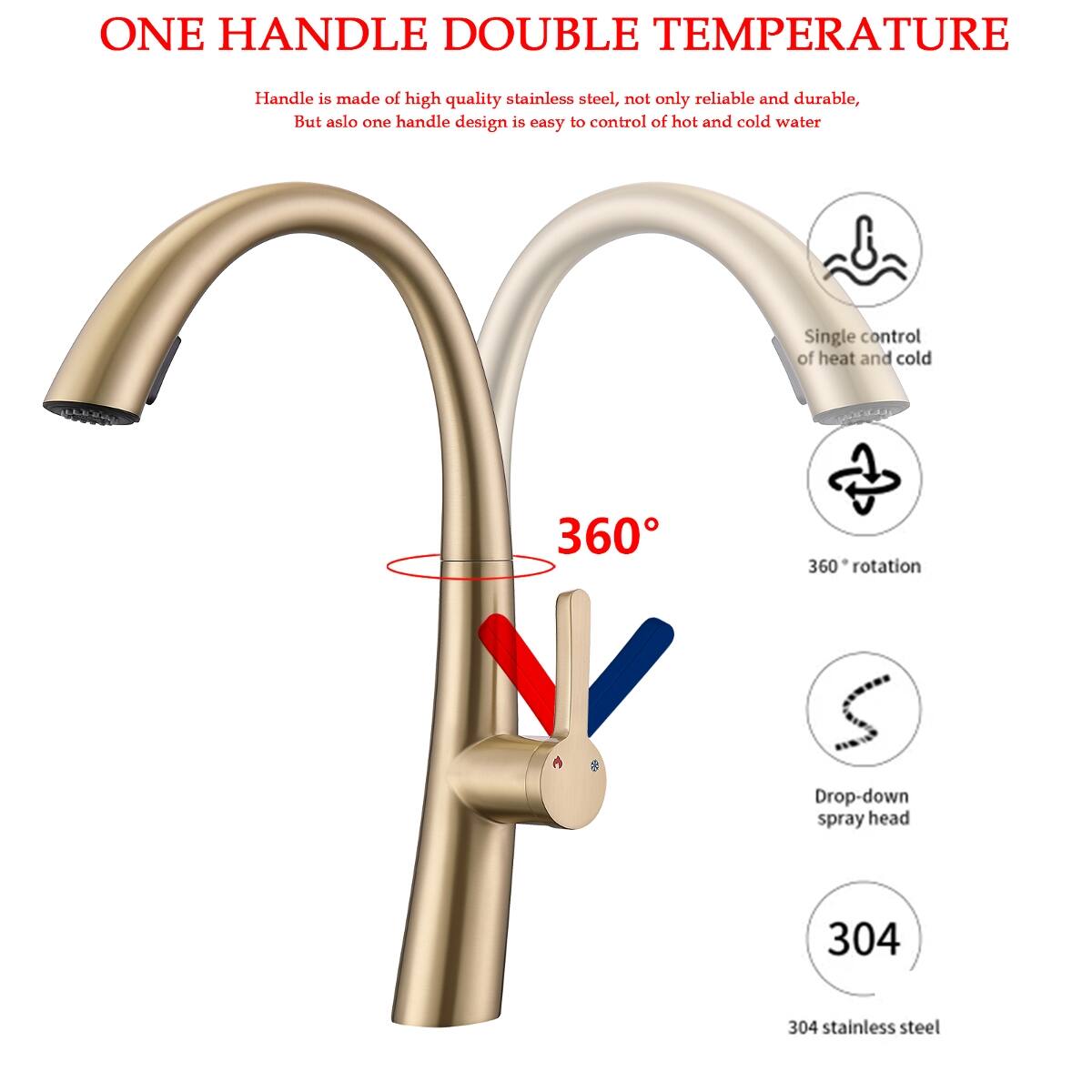 Ropilly Single Handle Pull Out Kitchen Faucet, Stainless Steel High Arc ...
