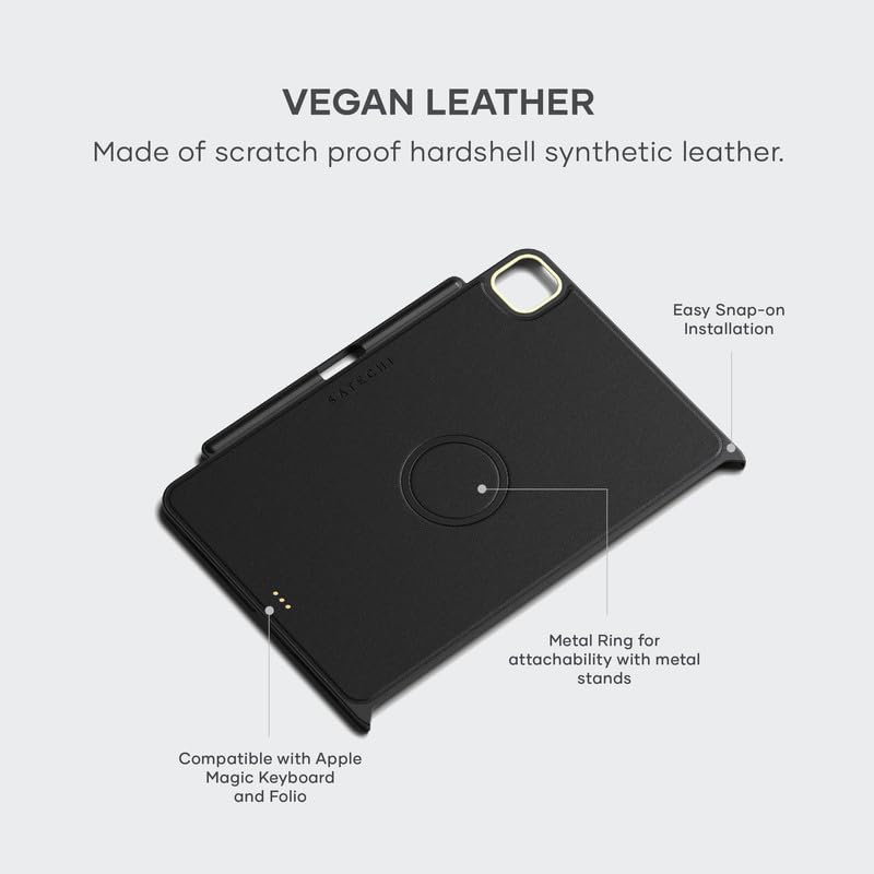 VEGAN LEATHER  
Made of scratch proof hardshell synthetic leather.  

Easy Snap-on Installation  

Metal Ring for attachability with metal stands  

Compatible with Apple Magic Keyboard and Folio