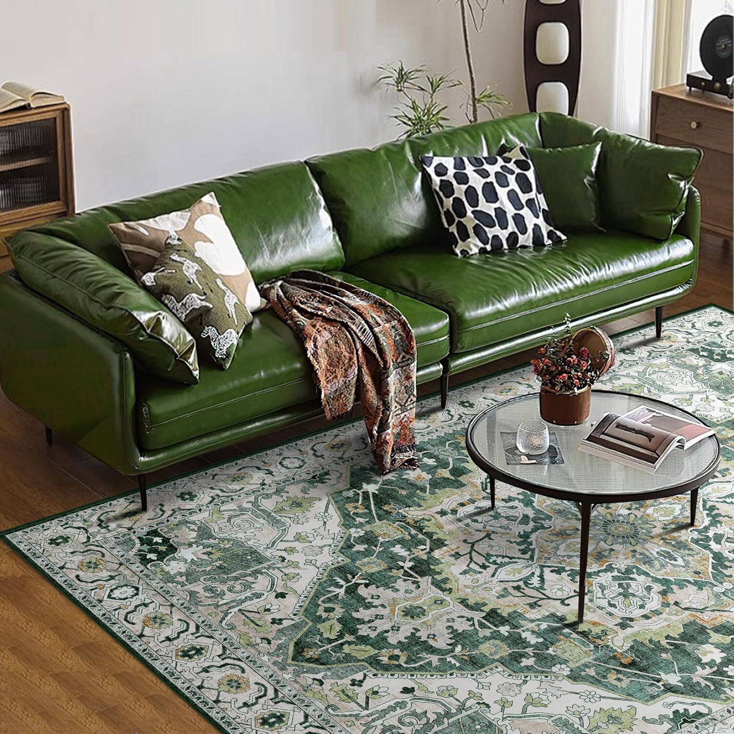 Mid Century Green Leather Couch Living Room Boho Green Couch