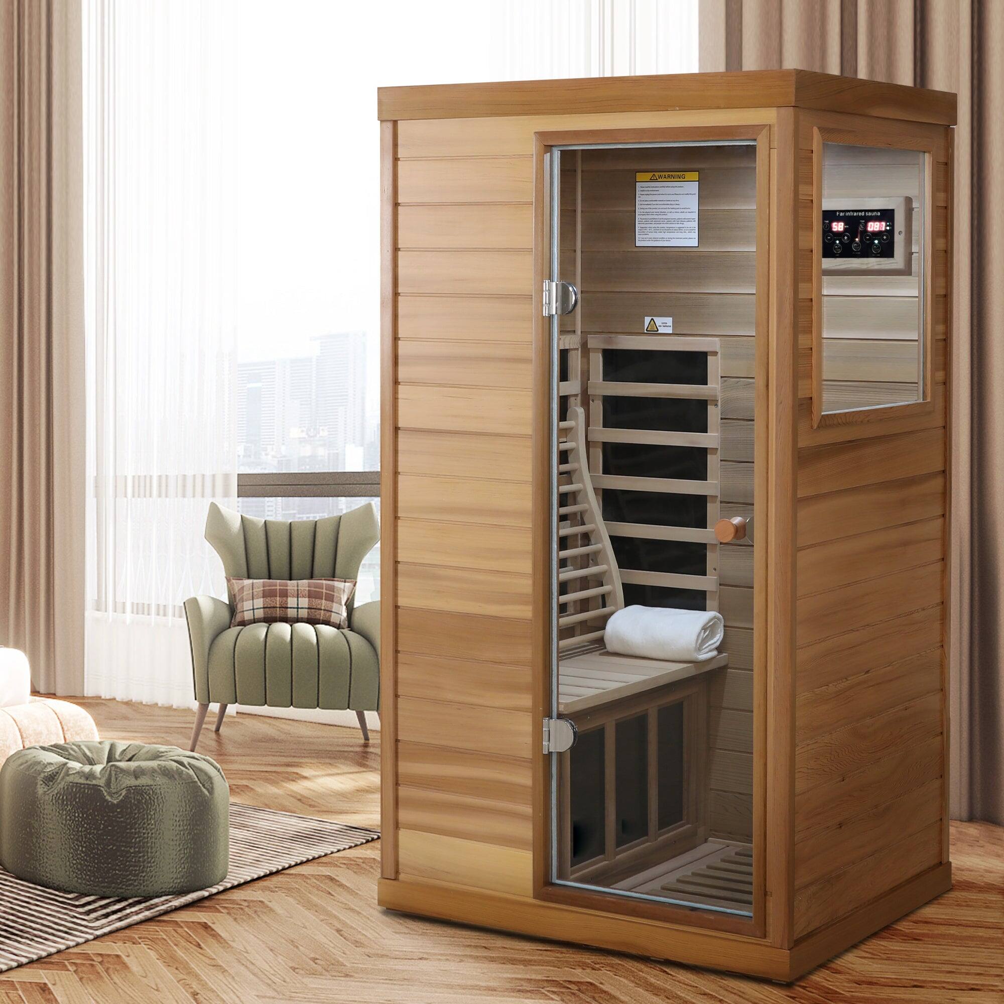 Alt View 3. Boyel Living - Red Cedar Mini 1-Person Far Infrared Sauna with Glass Door (Right) and Bluetooth Audio - Natural Wood+Caramel.