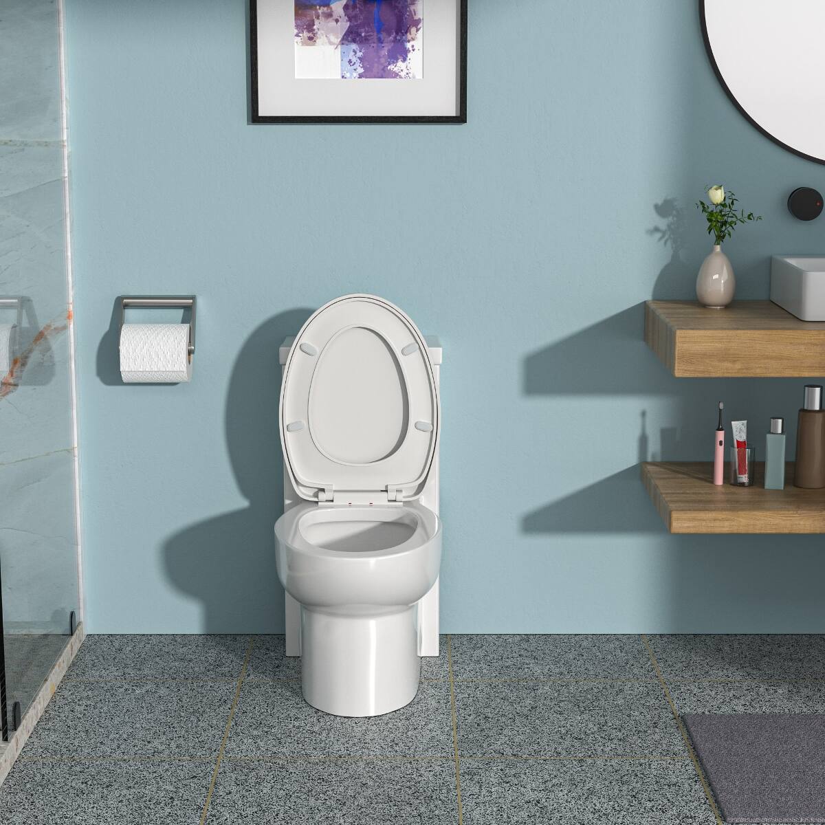 Left. Loheer - Loheer One Piece Elongated Toilet, Dual Flush, White Ceramic, Twelve Inch Rough In - White.