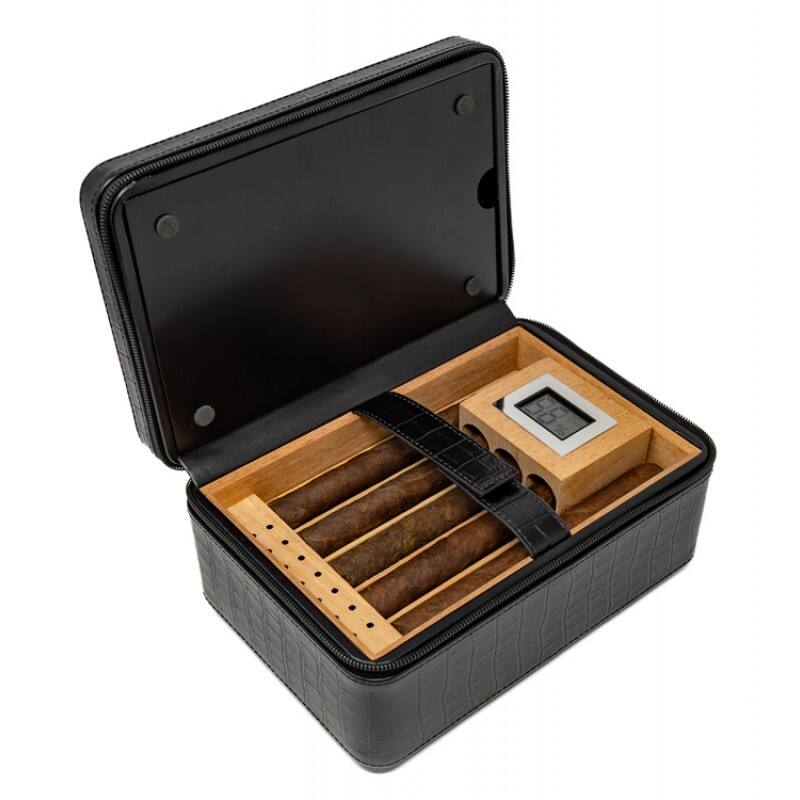 Back. Prestige - Manhattan XL Travel Humidor (Black) - Black Crocodile Motif Leather.