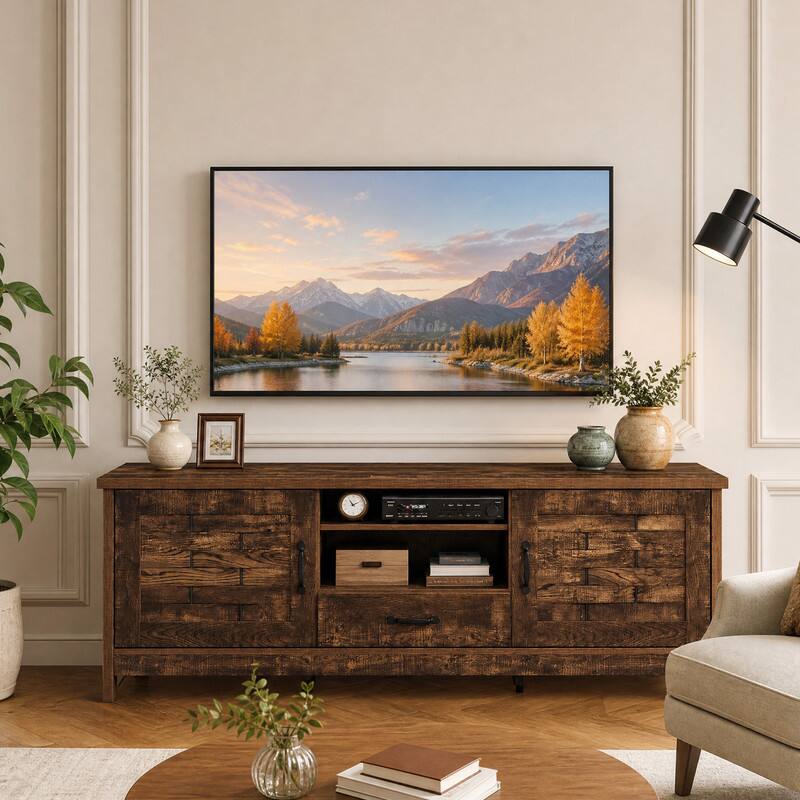 Angle. WELLFOR - Farmhouse TV Stand for 65 Inch TVs, Entertainment Centre with 2 Woven Accent Doors and Adjustable Shelves - Rustic Brown.