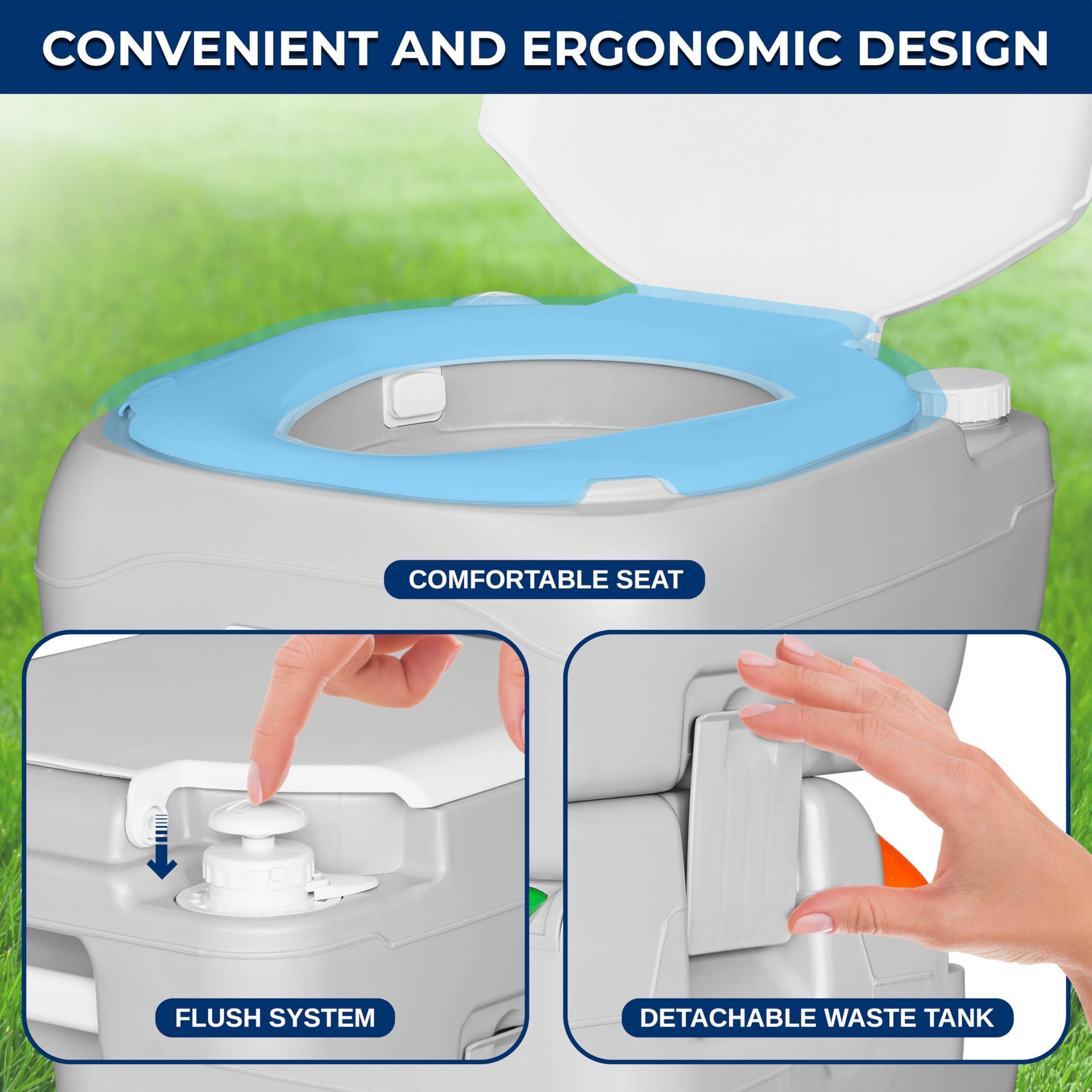 CONVENIENT AND ERGONOMIC DESIGN

COMFORTABLE SEAT

FLUSH SYSTEM

DETACHABLE WASTE TANK