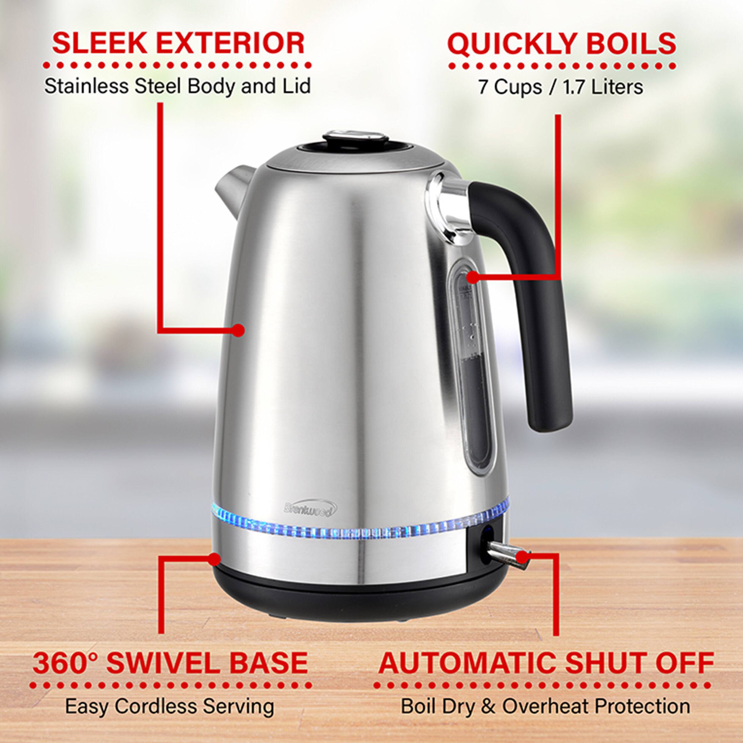 The text on the image is already grouped and correctly written. It reads:

SLEEK EXTERIOR: Stainless Steel Body and Lid
QUICKLY BOILS: 7 Cups / 1.7 Liters
RENTWOOD 360 SWIVEL BASE: Automatic Shut Off
Easy Cordless Serving
Boil Dry & Overheat Protection
