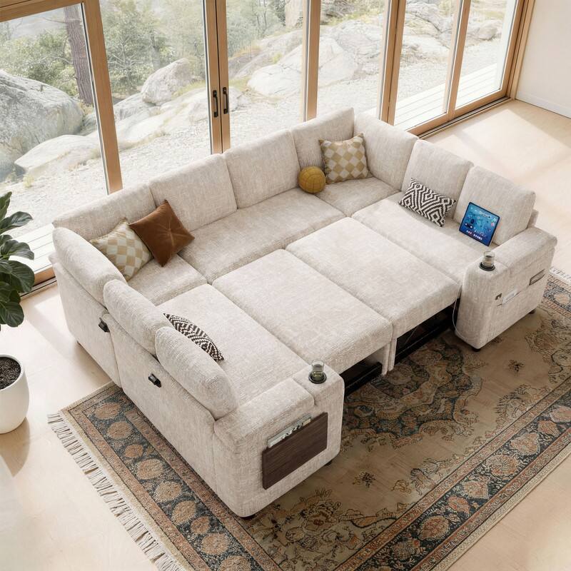 Back. Dyonery - 112" Modular Sectional Sofa, U Shaped 8-Seater Sleeper Sofa with Pull Out Bed &Hidden Storage, Cup Holders & USB. - Beige.
