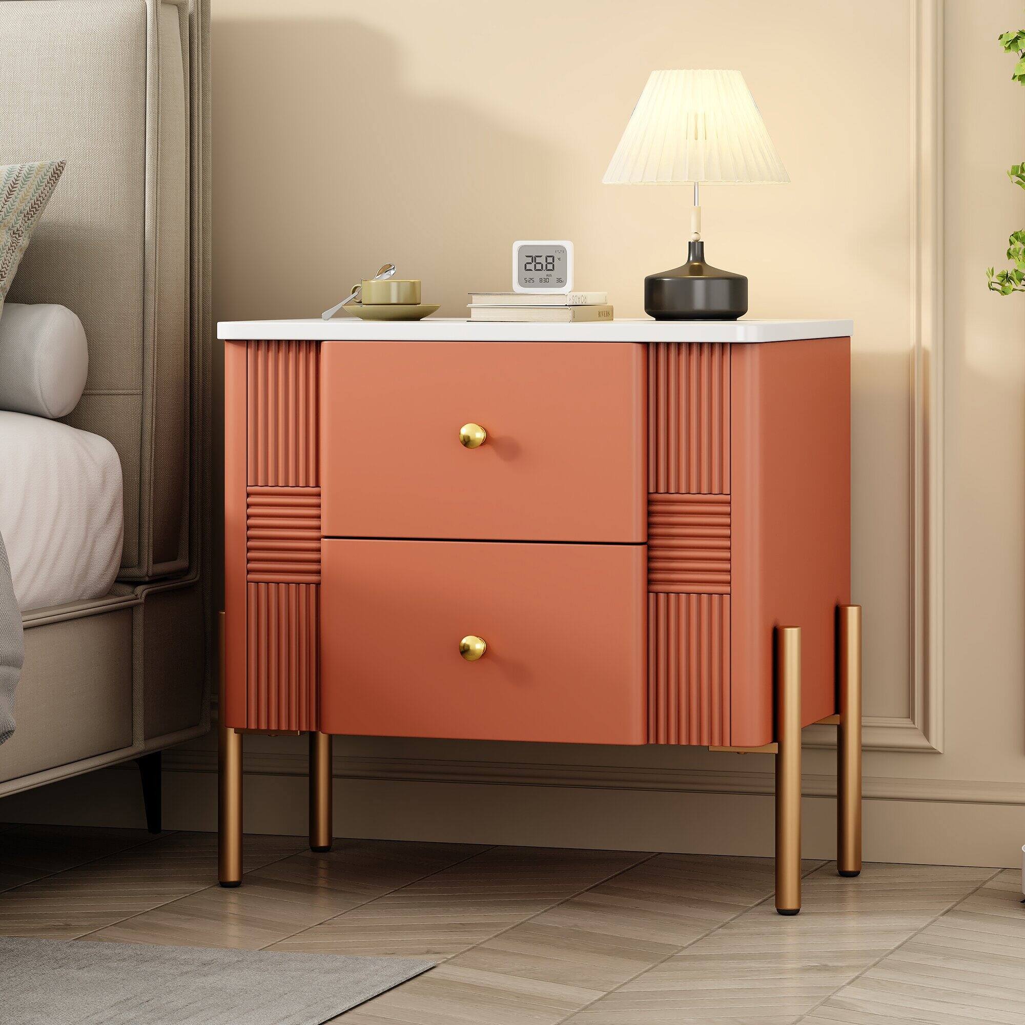 Angle. Spaco - Spaco Modern Nightstand with Style - Fluted Design, 2 Drawers, Golden Handles & Legs - Ideal for Bedroom & Living - Orange.