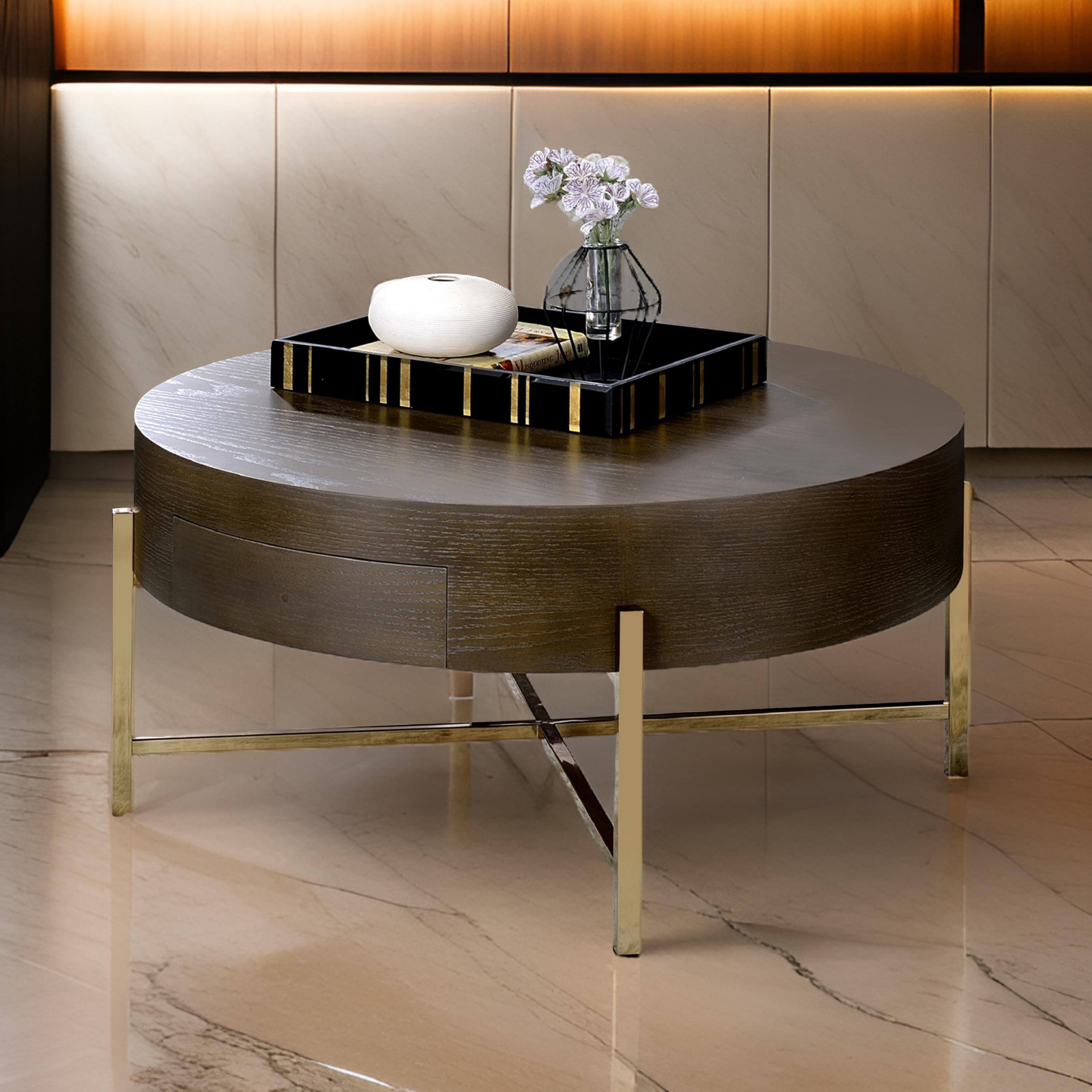 Alt View 5. Manhattan Lane - 1 Drawer Round Modern Coffee Table with Crossed Metal Legs - Brown, Gold.