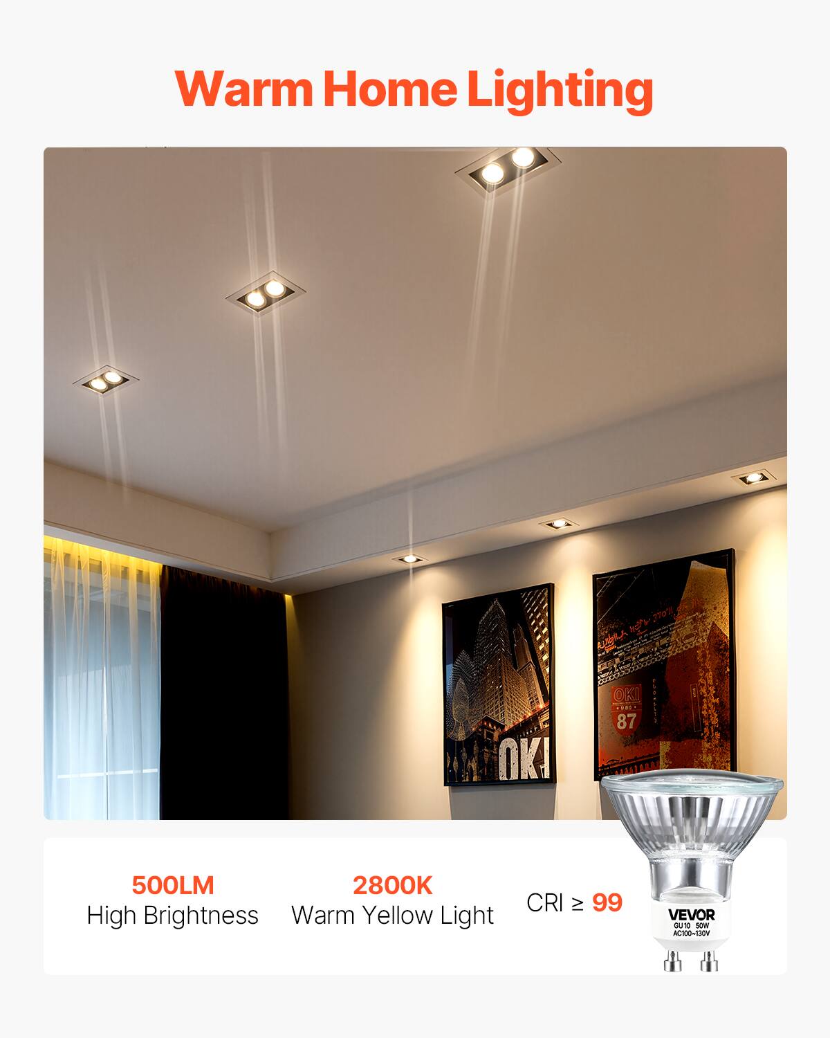 Warm Home Lighting

OKI 87

500LM High Brightness

2800K Warm Yellow Light

CRI > 99

AC100-130V

VEVOR