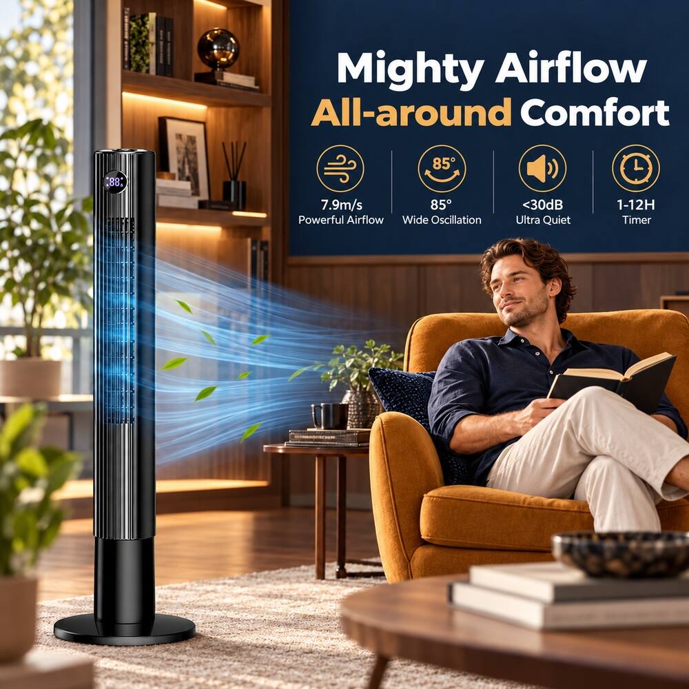 Mighty Airflow All-around Comfort

7.9m/s Powerful Airflow Wide Oscillation
85°
<30dB Ultra Quiet
1-12H Timer