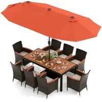 Costway 11 PCS Patio Dining Set with 15ft Double-Sided Patio Umbrella (Base Included) - Mix Brown + Orange - Front_Zoom
