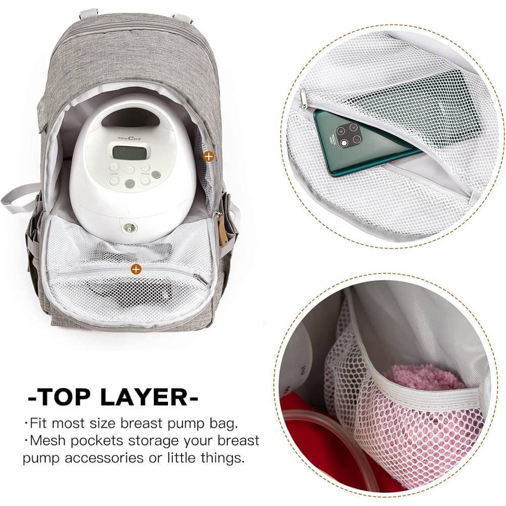 - **TOP LAYER**
  - Fit most size breast pump bag.
  - Mesh pockets storage your breast pump accessories or little things.