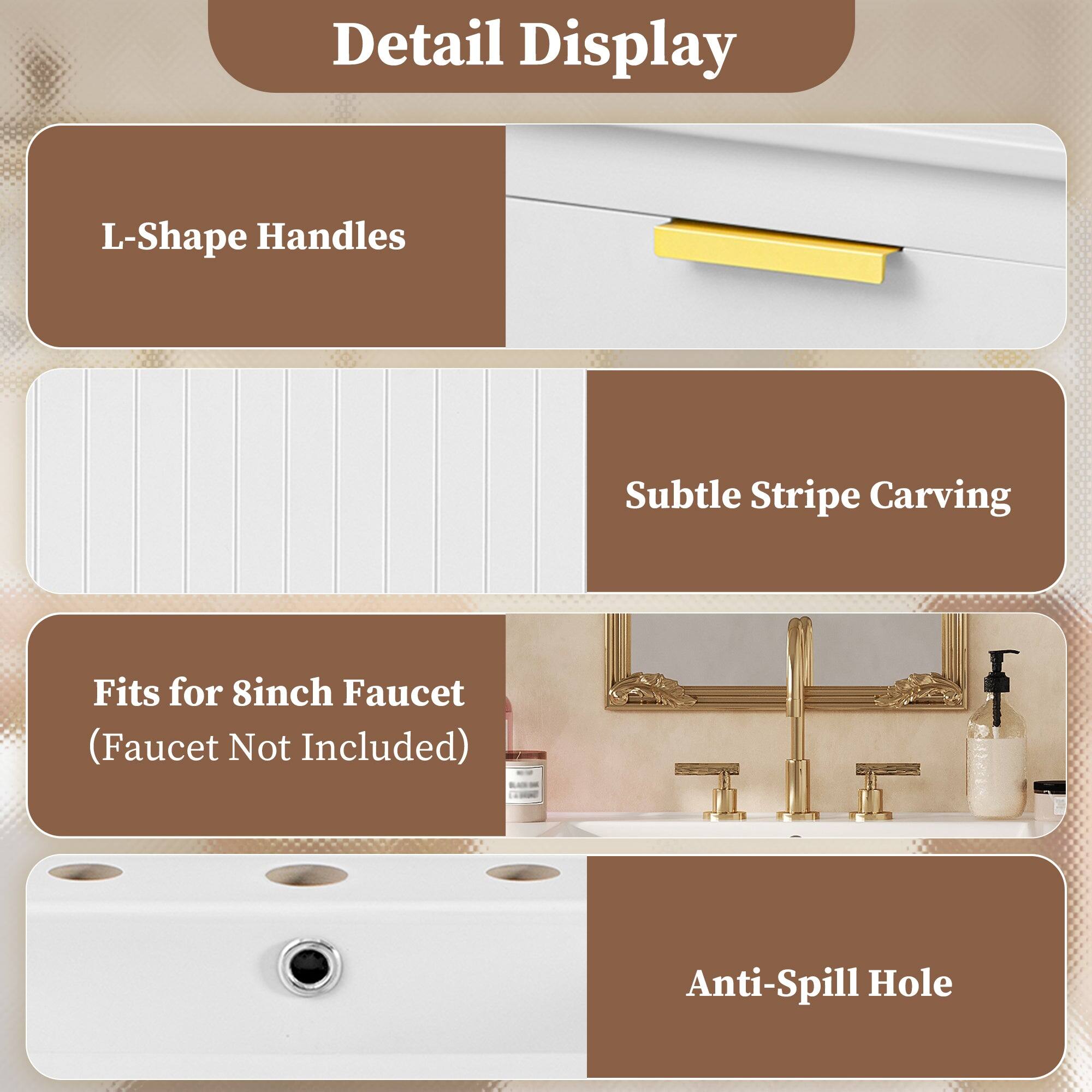 Detail Display

- L-Shape Handles
- Subtle Stripe Carving
- Fits for 8inch Faucet (Faucet Not Included)
- Anti-Spill Hole