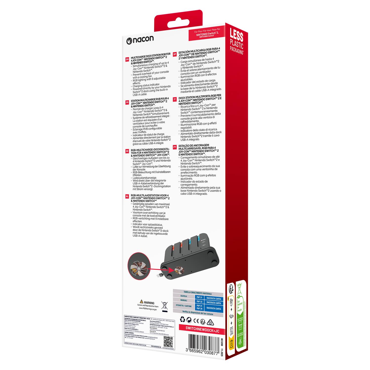 Sure, here is the corrected and grouped text from the image:

---

**nacon**

**LESS PLASTIC PACKAGING**

**RGB MULTI-CHARGE DOCK STATION FOR 4 "DE NINTENDO SWITCH"**

- 4x USB-C PORTS
- Simultaneous charging of up to 4 Nintendo Switch™ consoles
- RGB lighting with customizable effects
- Status indicator
- Powered directly by the built-in power supply

**USB CABLE**

- USB-C to USB-A

**DOCK STATION MULTI-CHARGE "DE NINTENDO SWITCH" 2**

- RGB lighting with customizable effects
- Status indicator
- Compatible with Nintendo Switch™ and Nintendo Switch Lite™
- Built-in power supply

**RGB MULTI-CHARGE DOCK STATION FOR 4 "DE NINTENDO SWITCH" 2**

- RGB lighting with customizable effects
- Status indicator
- Compatible with Nintendo Switch™ and Nintendo Switch Lite™
- Built-in power supply

**RGB-MULTI-CHARGE-DOCKSTATION VOOR 4 "DE NINTENDO SWITCH"**

- RGB lighting with customizable effects
- Status indicator
- Compatible with Nintendo Switch™ and Nintendo Switch Lite™
