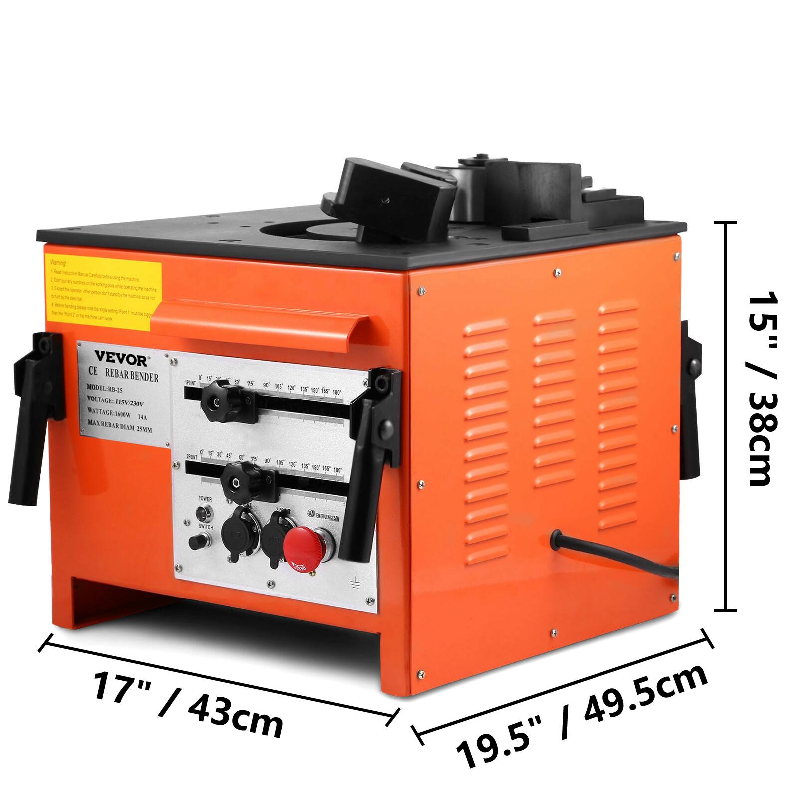 4.Bdv.dendig.com.com/be/geapradag/Port Trur3edge VEVOR CE REBARBENDER PAR  
MODEL: RB-25  
VOLTAGE: 115/230V  
RATTAGE: SONY 14%  
MAX REBARDIAM 25MM  
POWER 17" / 43cm  
15" / 38cm  
19.5" / 49.5cm
