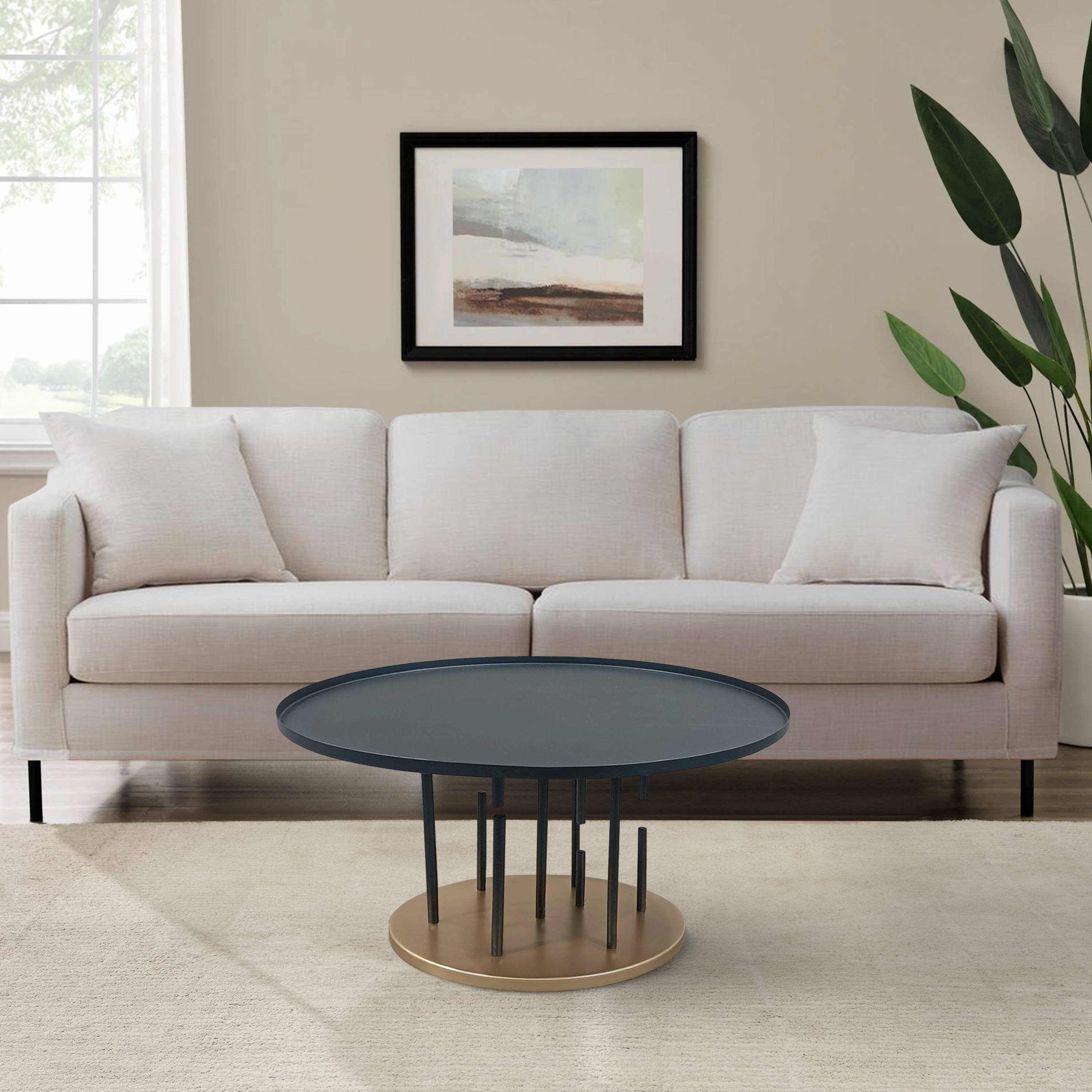 Alt View 9. Manhattan Lane - Neci 31 Inch Coffee Table, Round  Tray Top, Modern Rod Supports with Brass Base - Black, Brass.